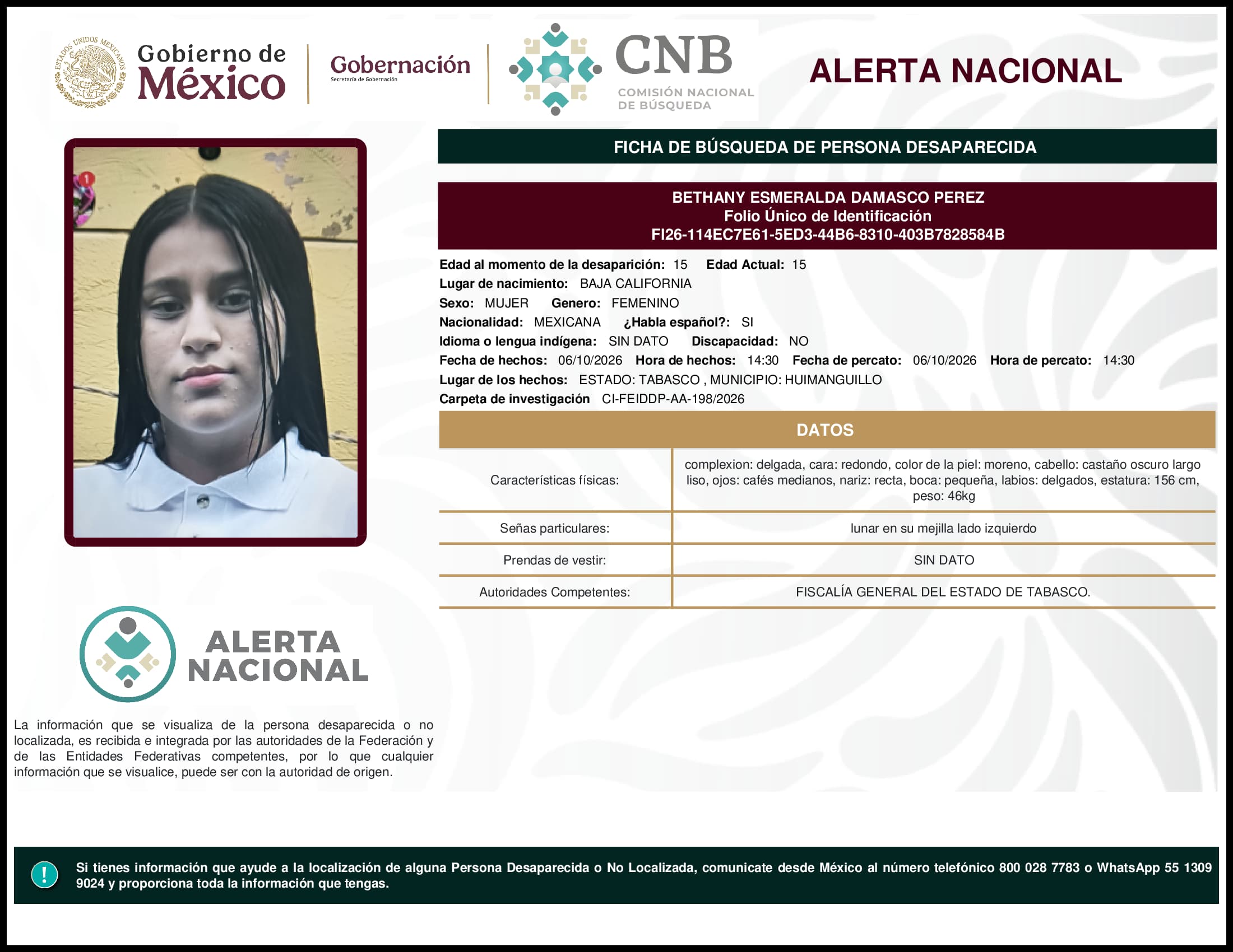 Persona desaparecida Bethany Esmeralda Damasco Perez
