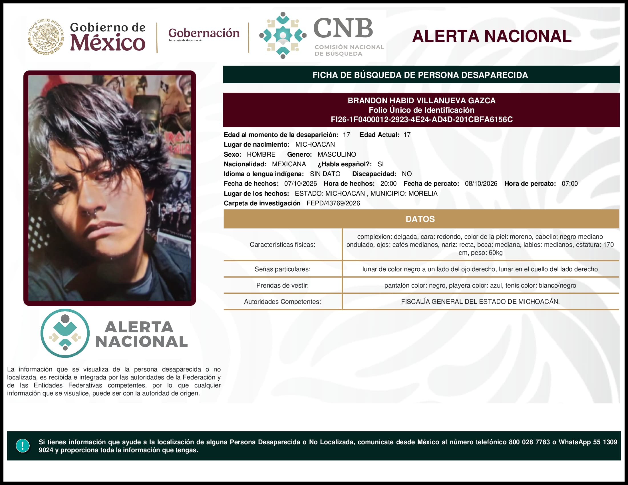 Persona desaparecida Brandon Habid Villanueva Gazca