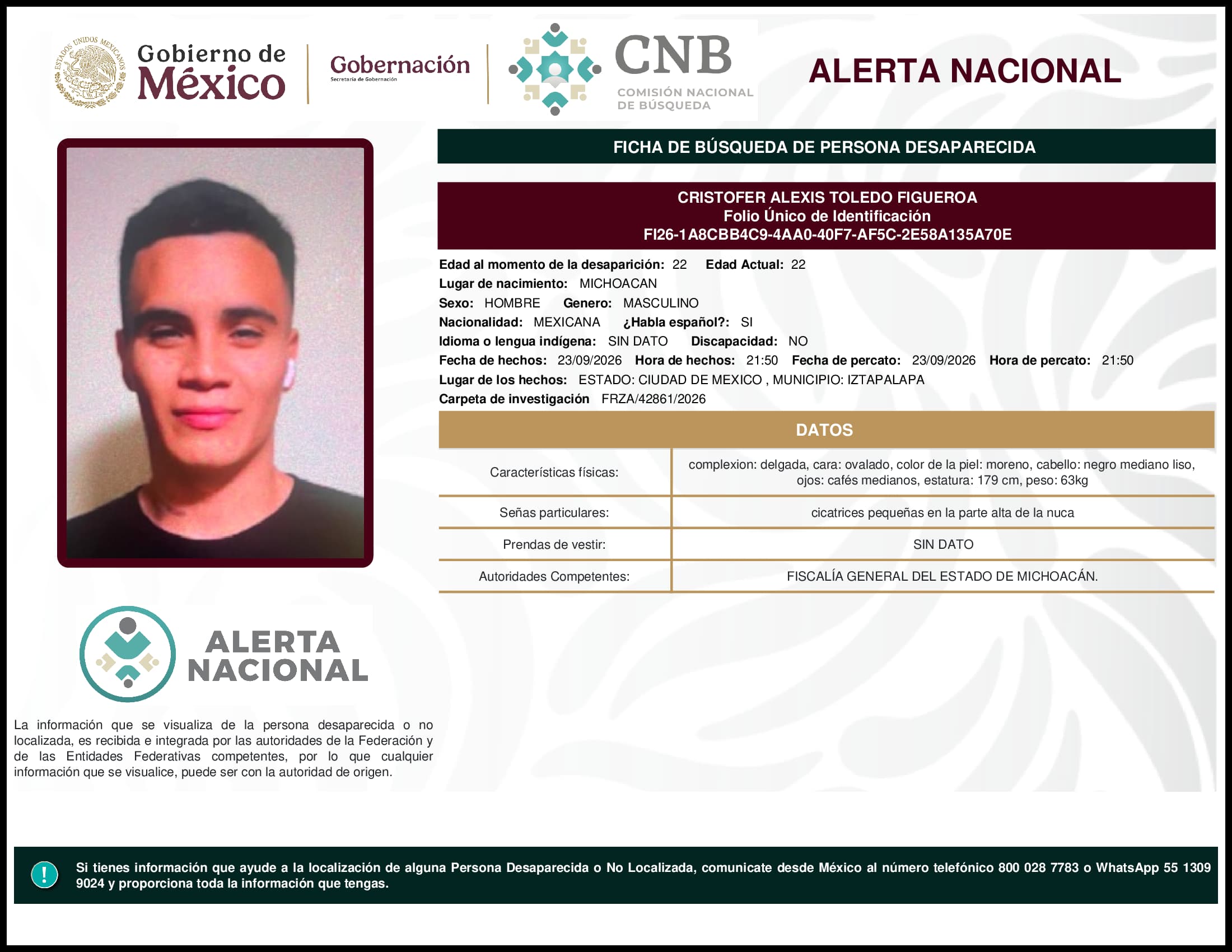 Persona desaparecida Cristofer Alexis Toledo Figueroa