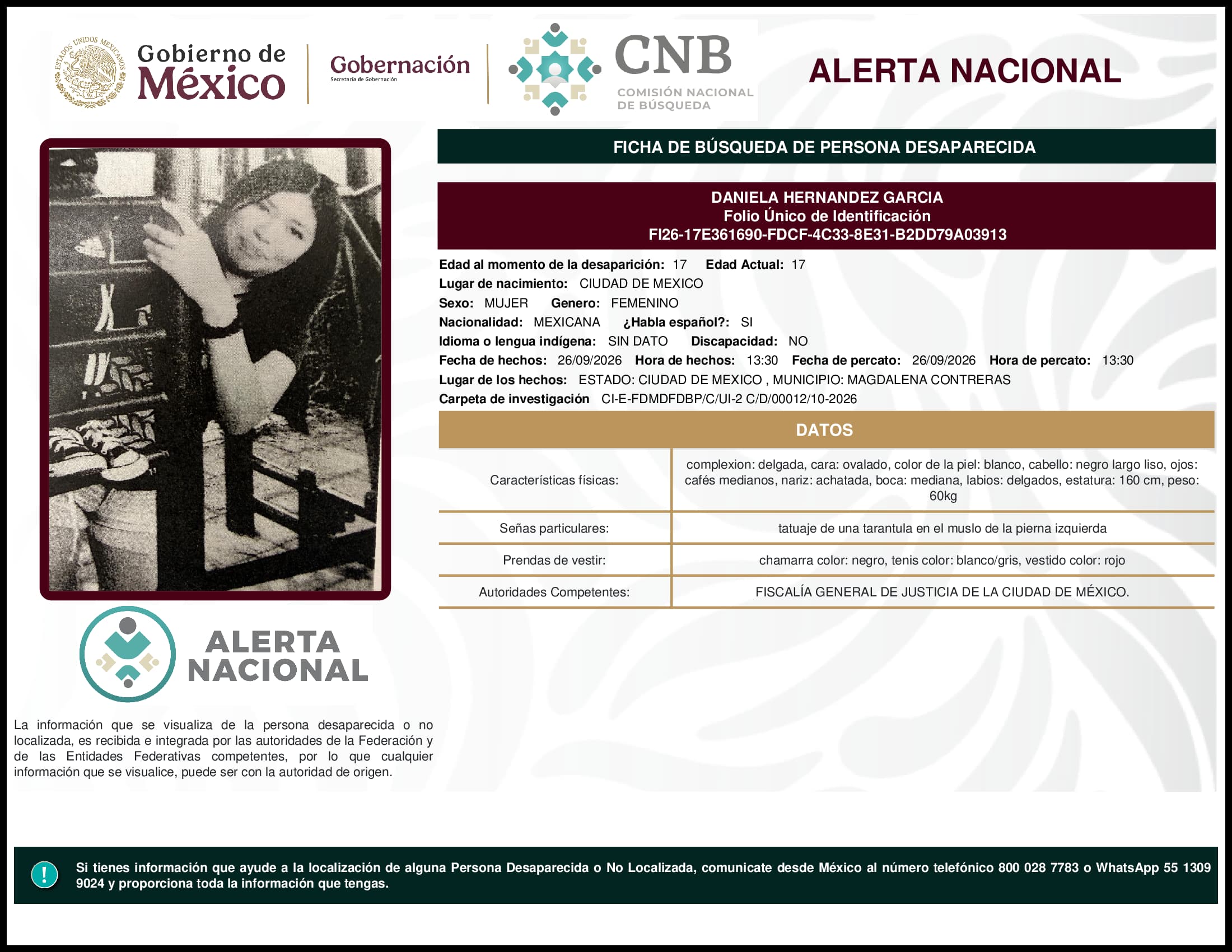 Persona desaparecida Daniela Hernandez Garcia