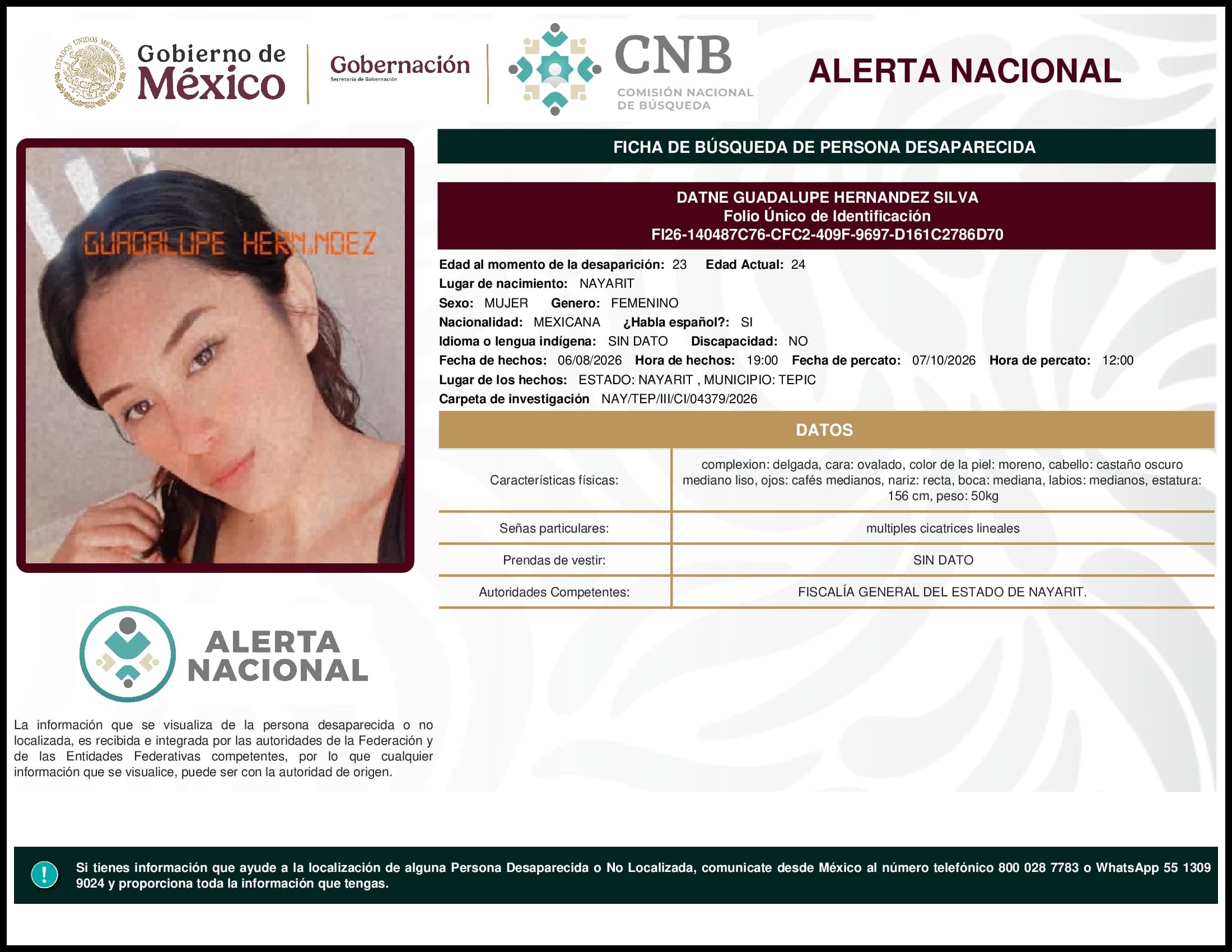 Persona desaparecida Datne Guadalupe Hernandez Silva