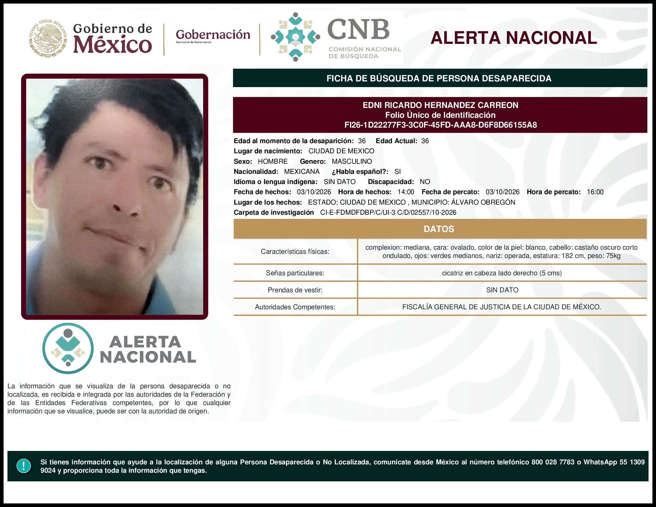 Persona desaparecida Edni Ricardo Hernandez Carreon