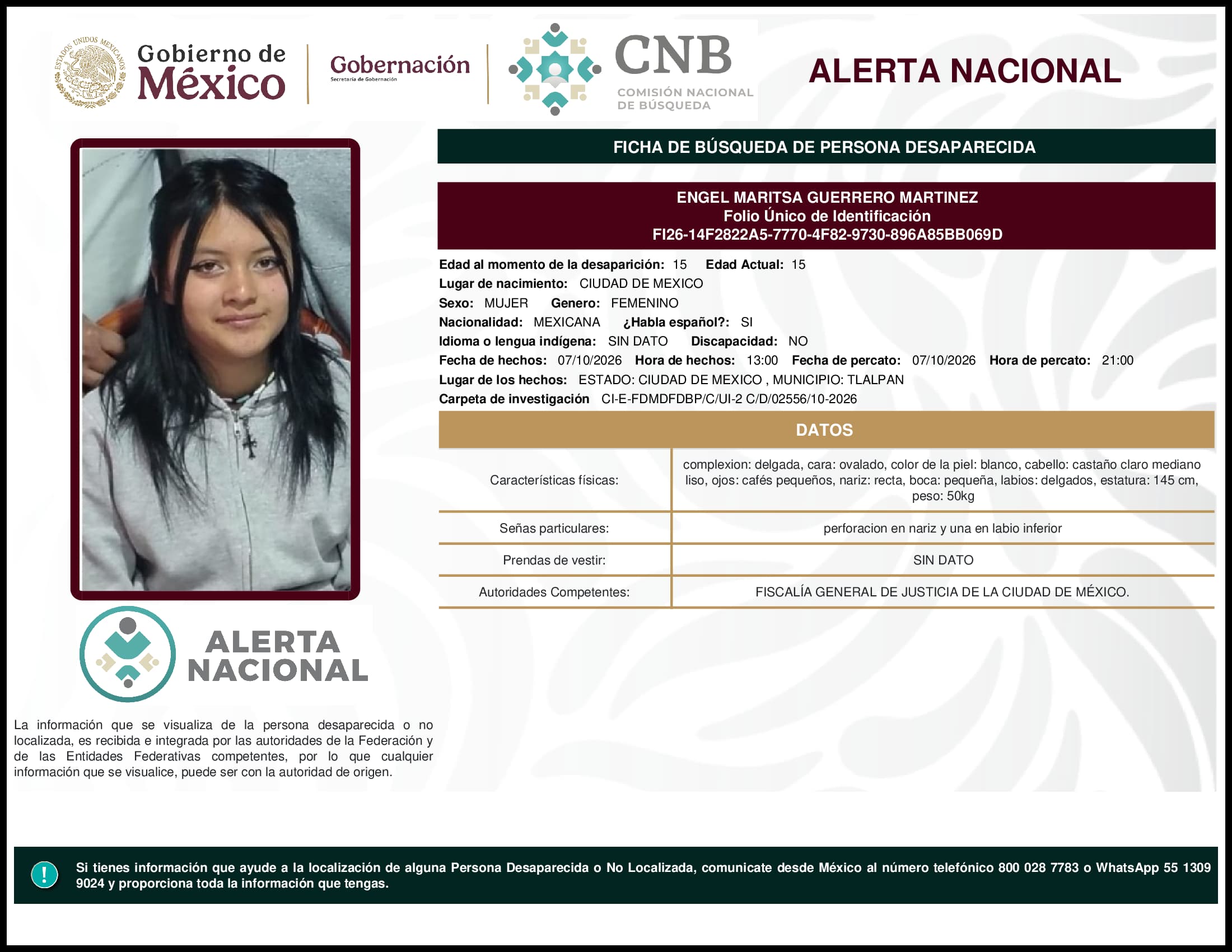 Persona desaparecida Engel Maritsa Guerrero Martinez