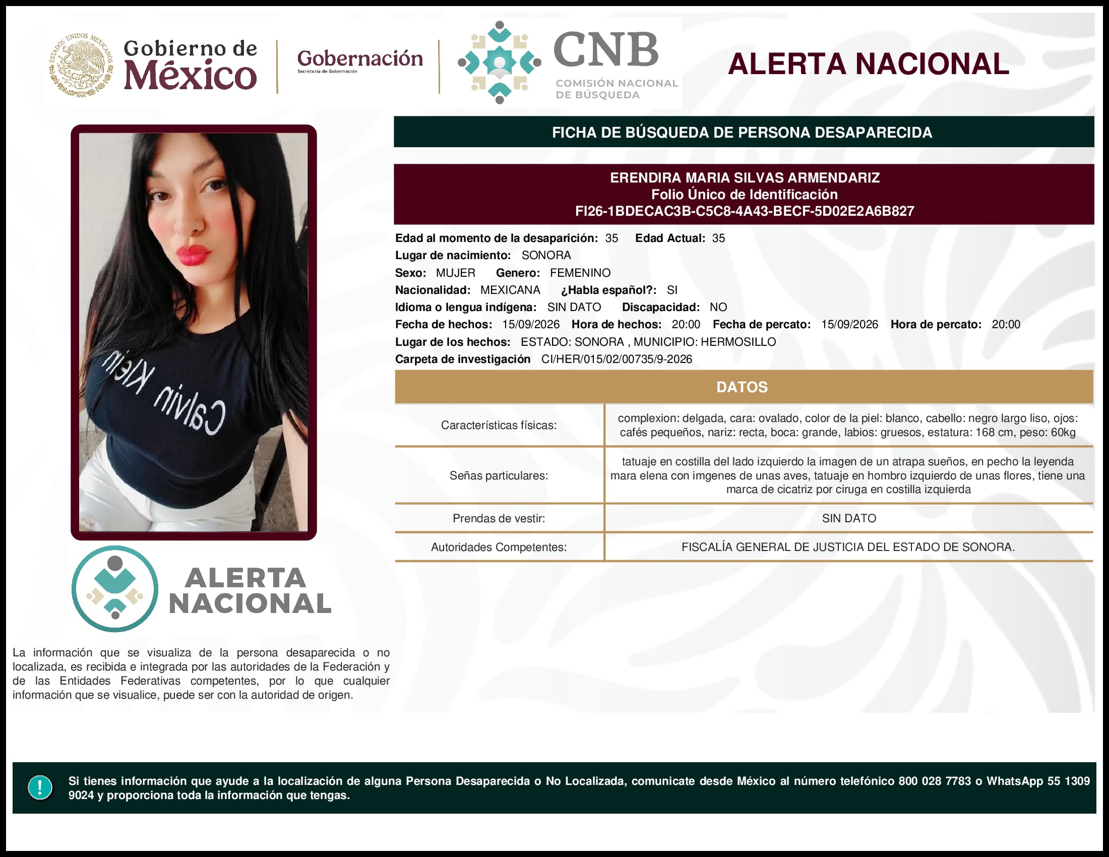 Persona desaparecida Erendira Maria Silvas Armendariz