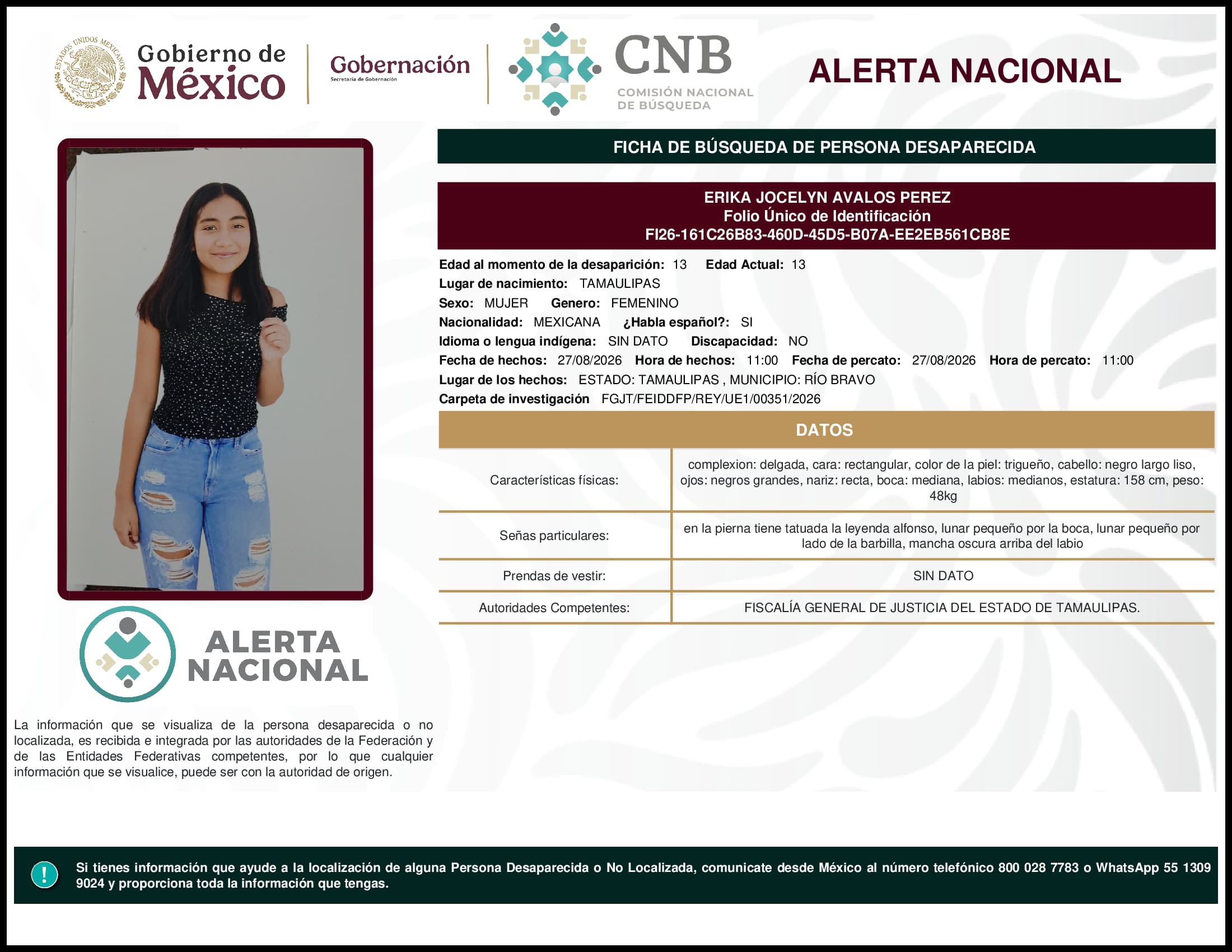 Persona desaparecida Erika Jocelyn Avalos Perez