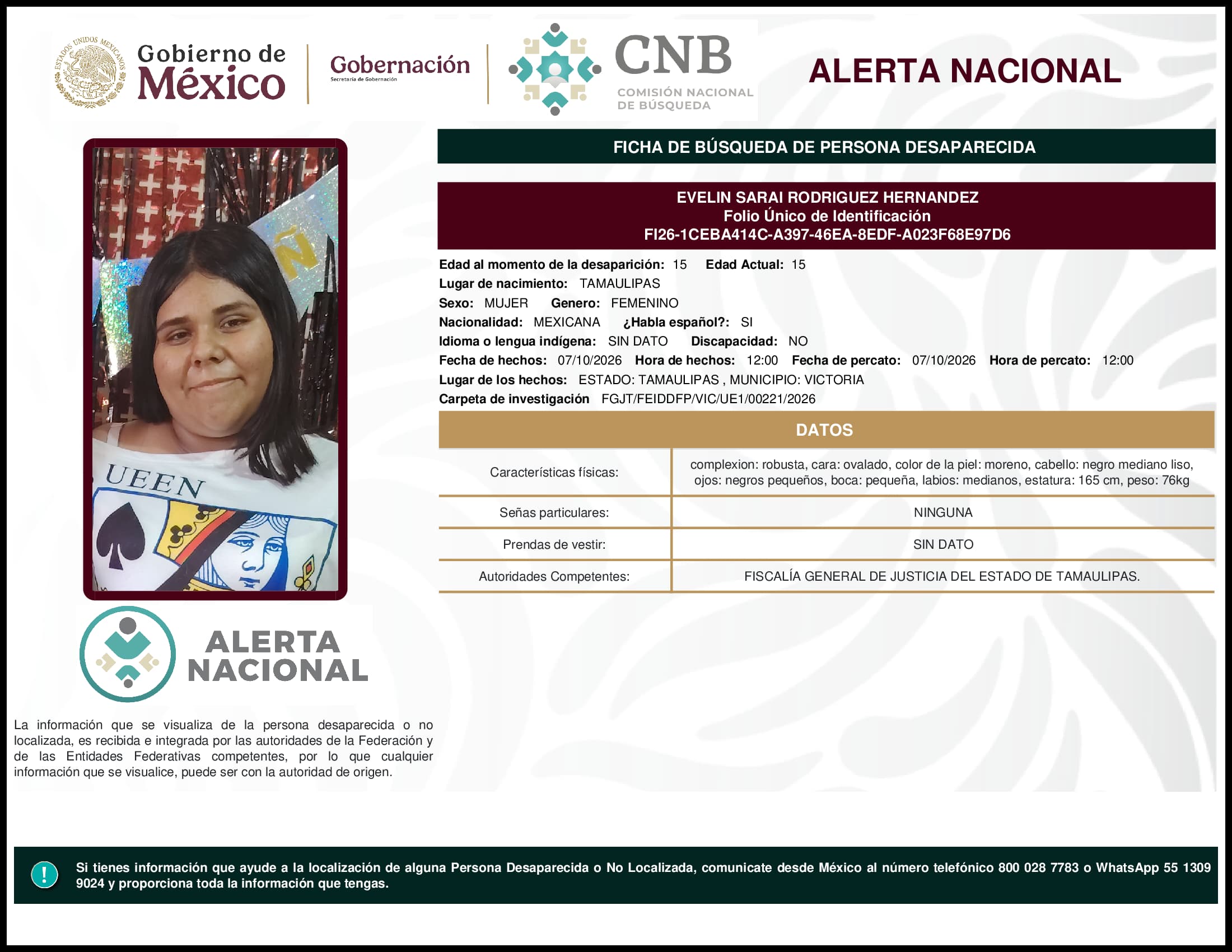 Persona desaparecida Evelin Sarai Rodriguez Hernandez