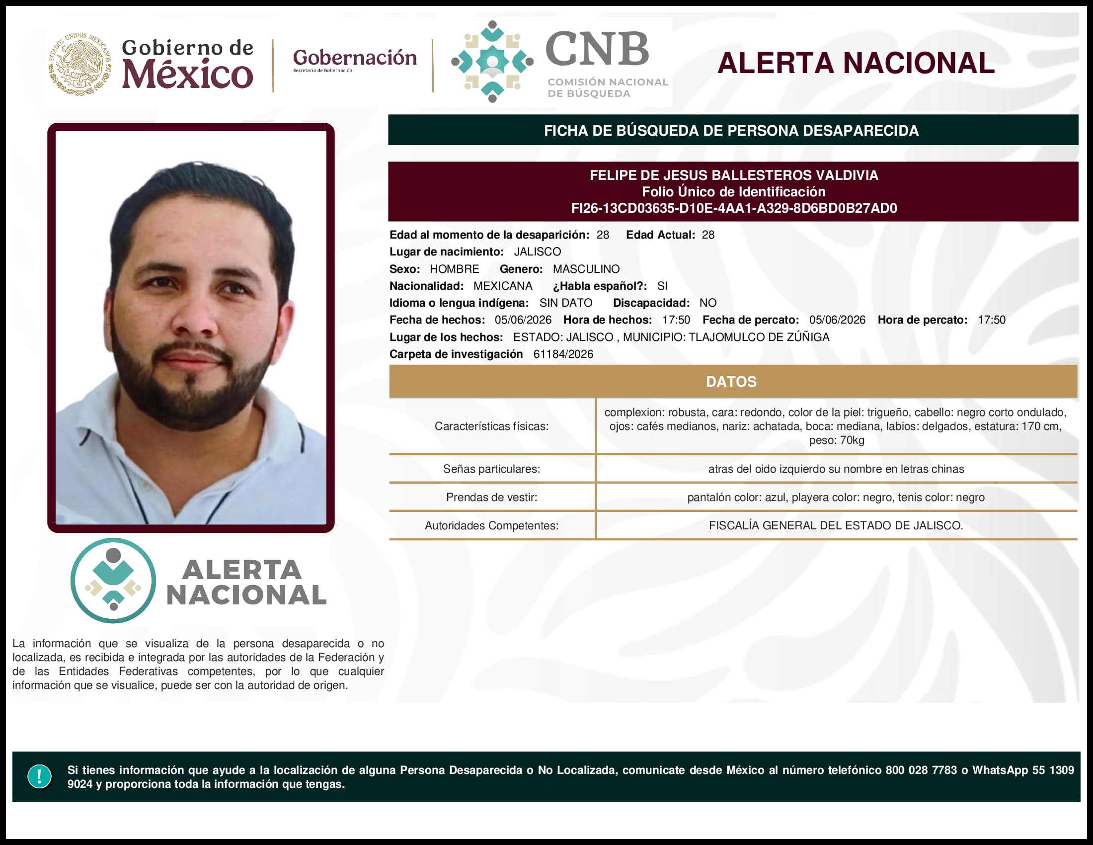 Persona desaparecida Felipe De Jesus Ballesteros Valdivia