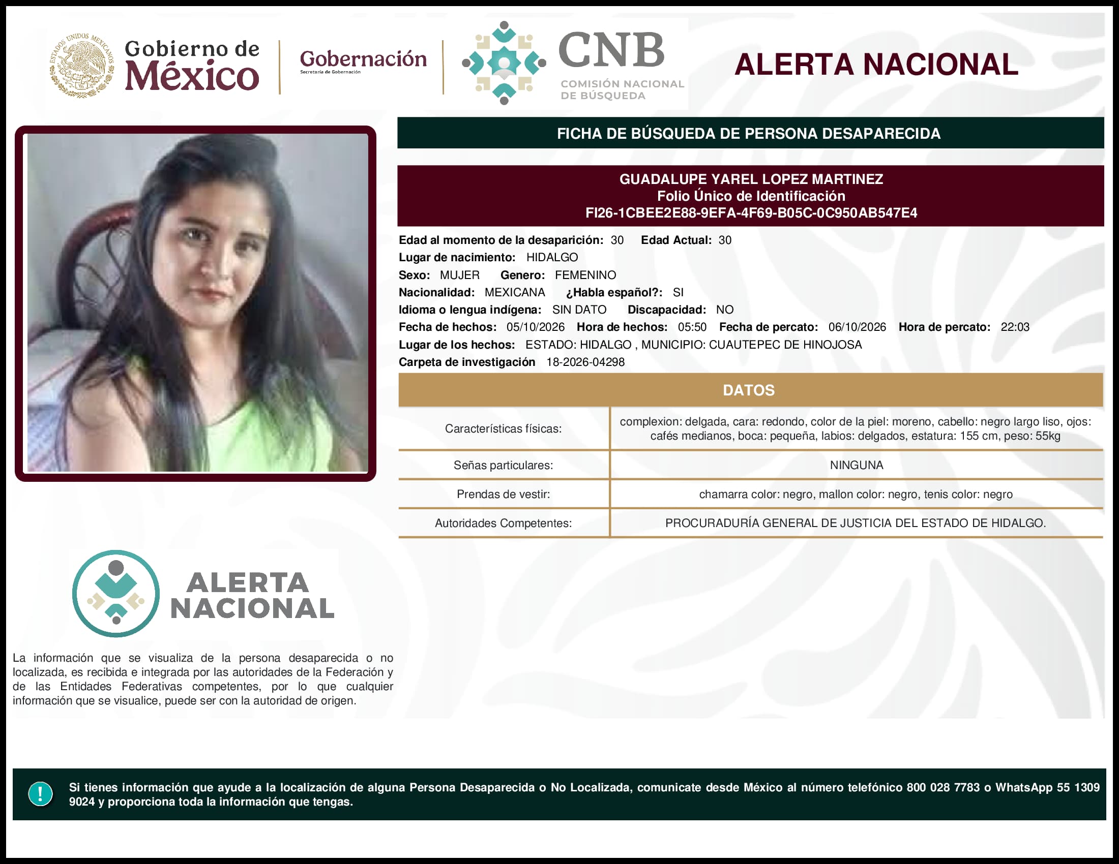 Persona desaparecida Guadalupe Yarel Lopez Martinez