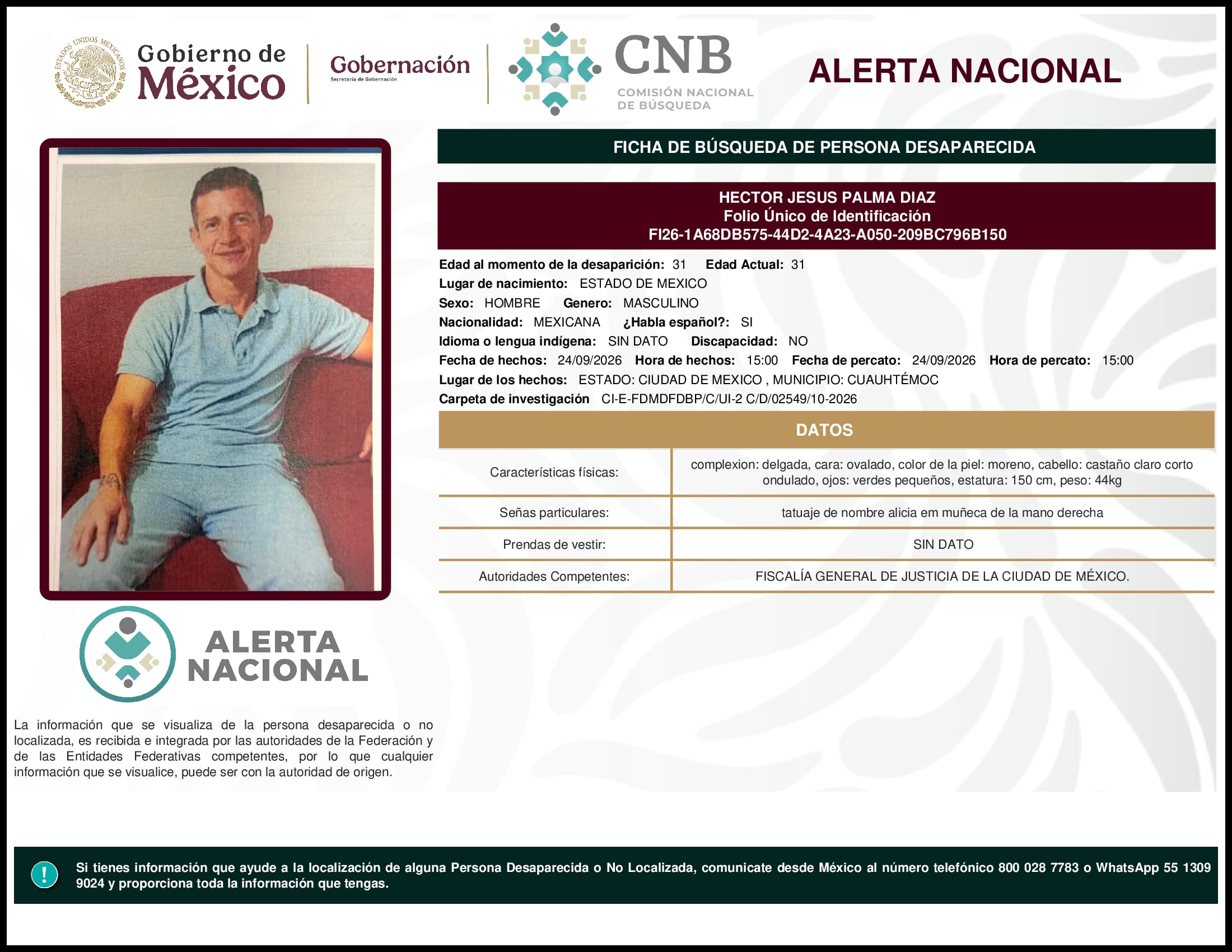 Persona desaparecida Hector Jesus Palma Diaz