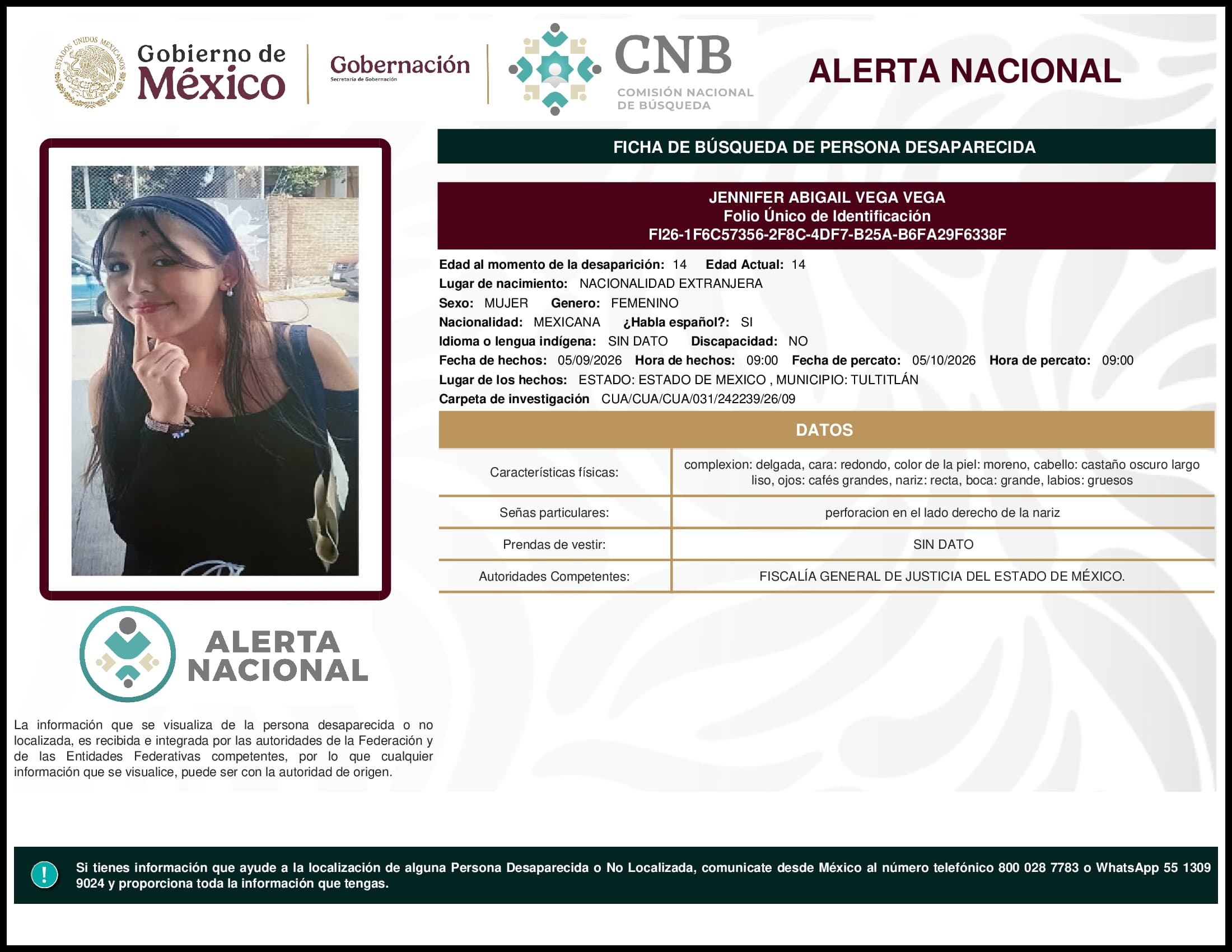 Persona desaparecida Jennifer Abigail Vega Vega