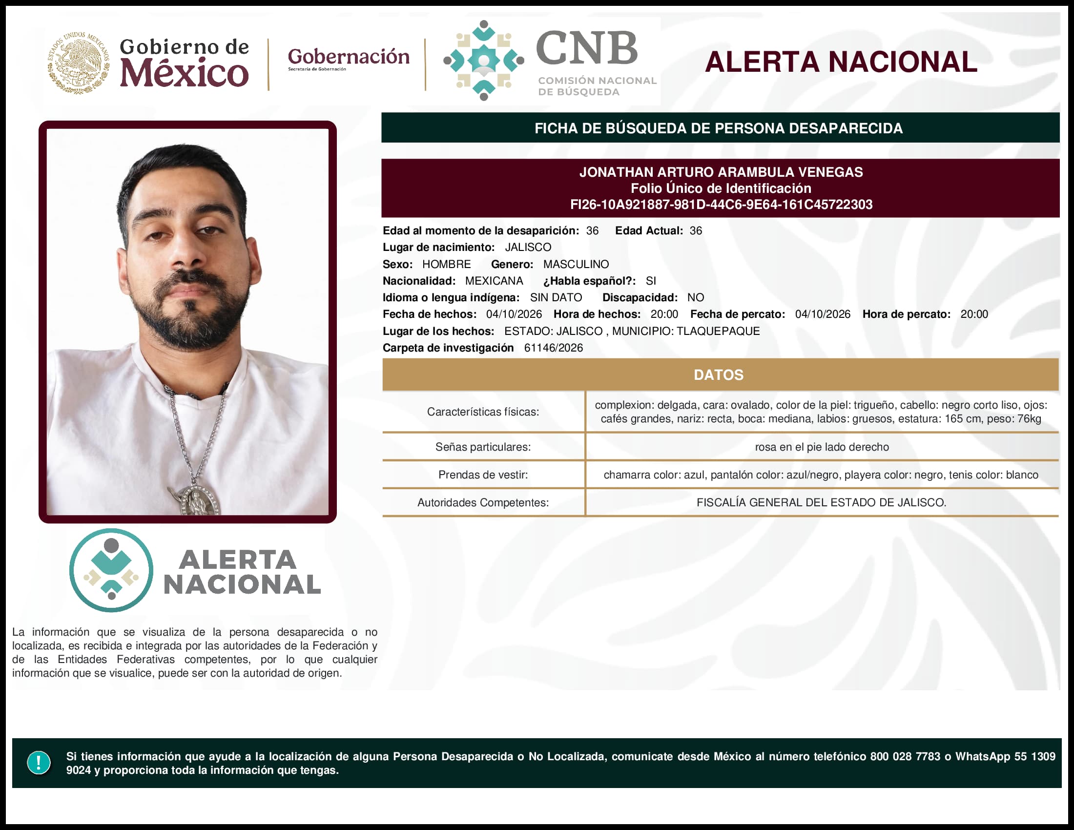 Persona desaparecida Jonathan Arturo Arambula Venegas