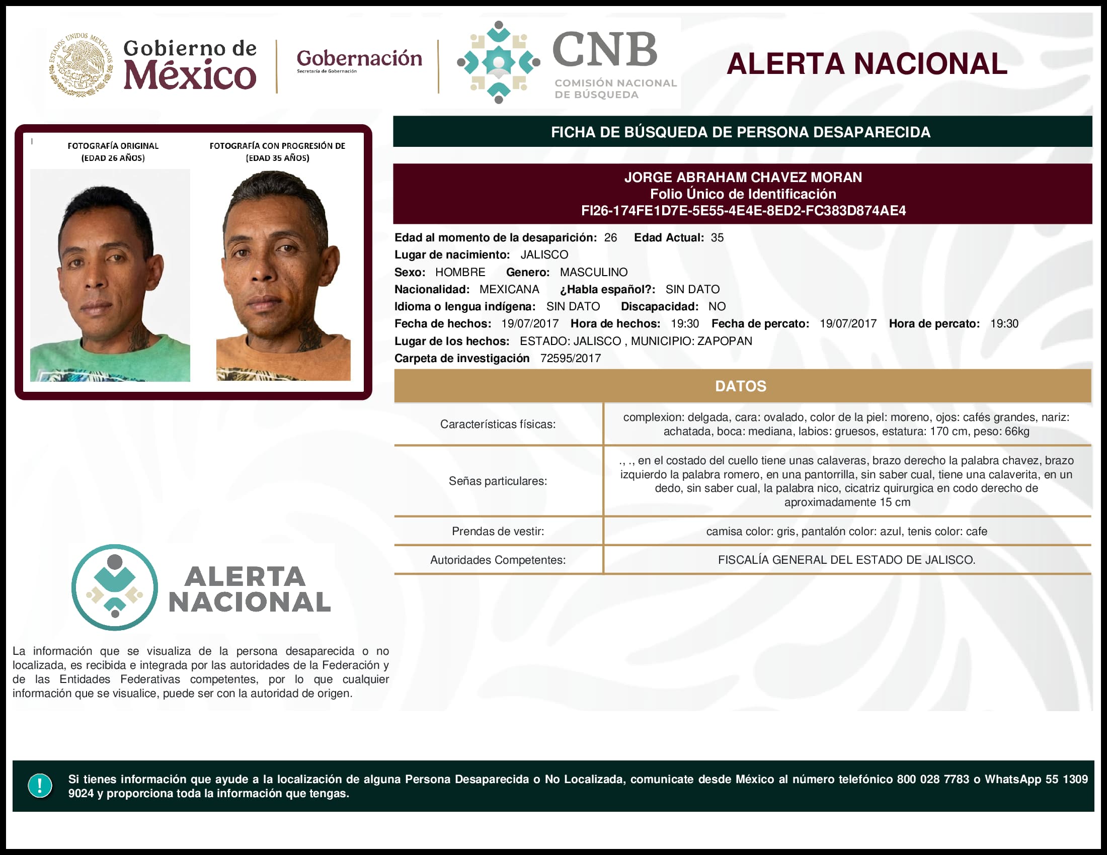 Persona desaparecida Jorge Abraham Chavez Moran