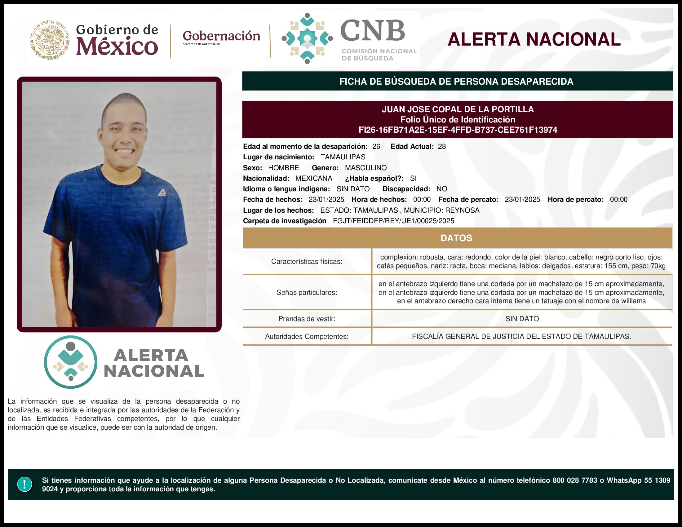 Persona desaparecida Juan Jose Copal De La Portilla