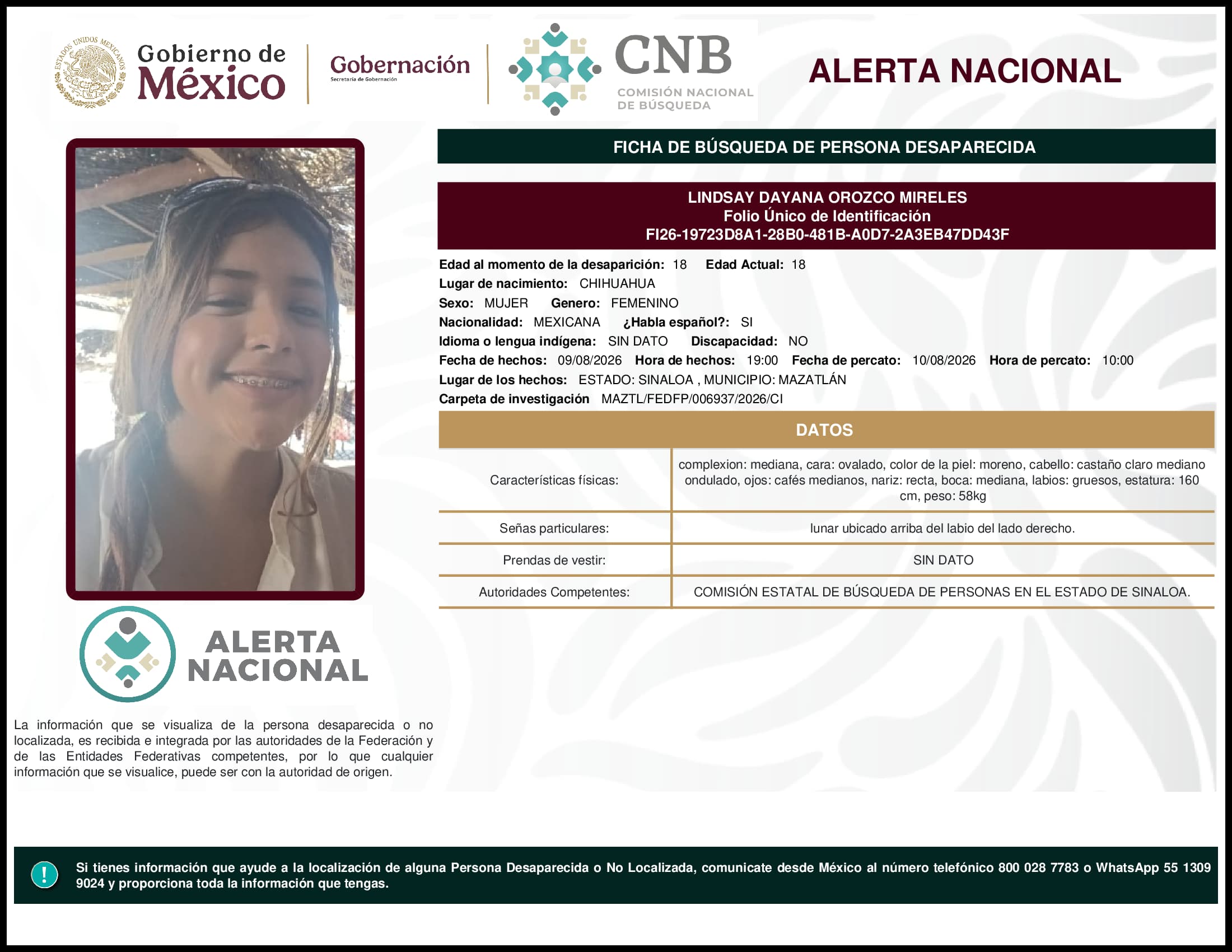 Persona desaparecida Lindsay Dayana Orozco Mireles