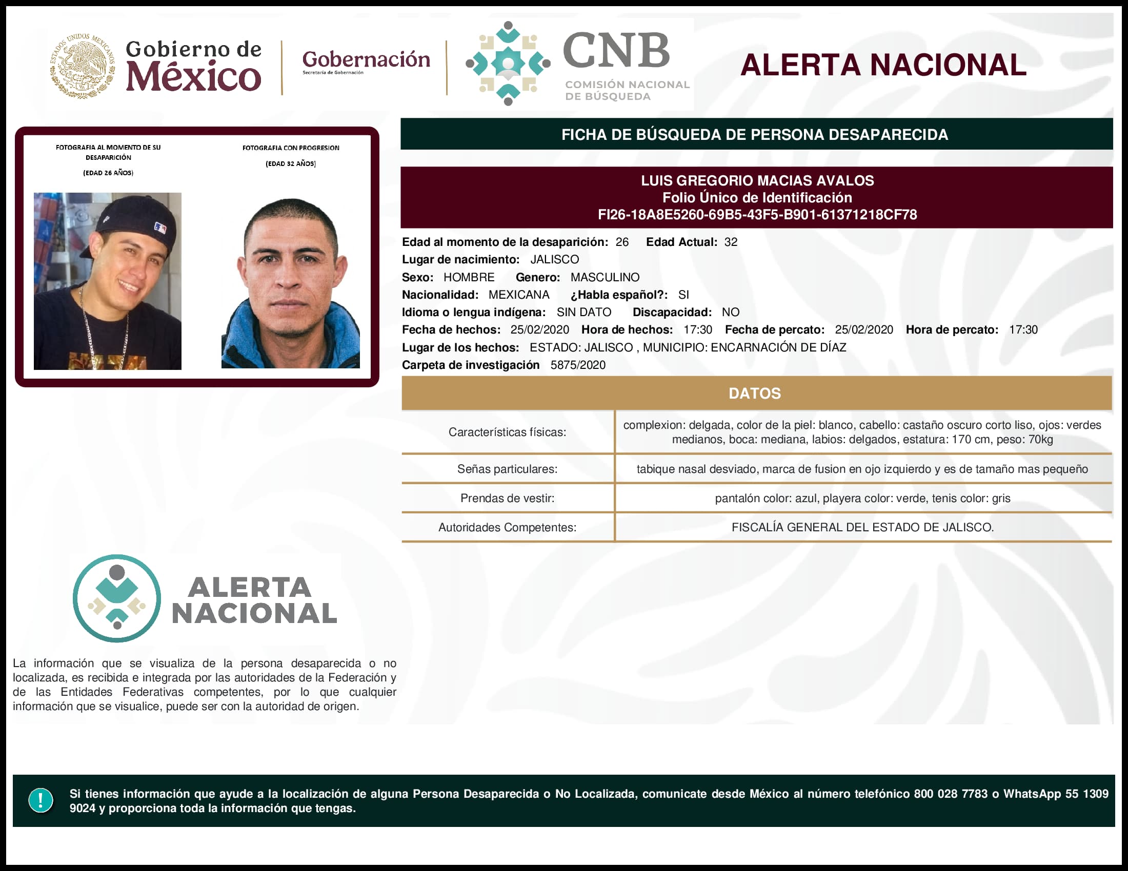 Persona desaparecida Luis Gregorio Macias Avalos