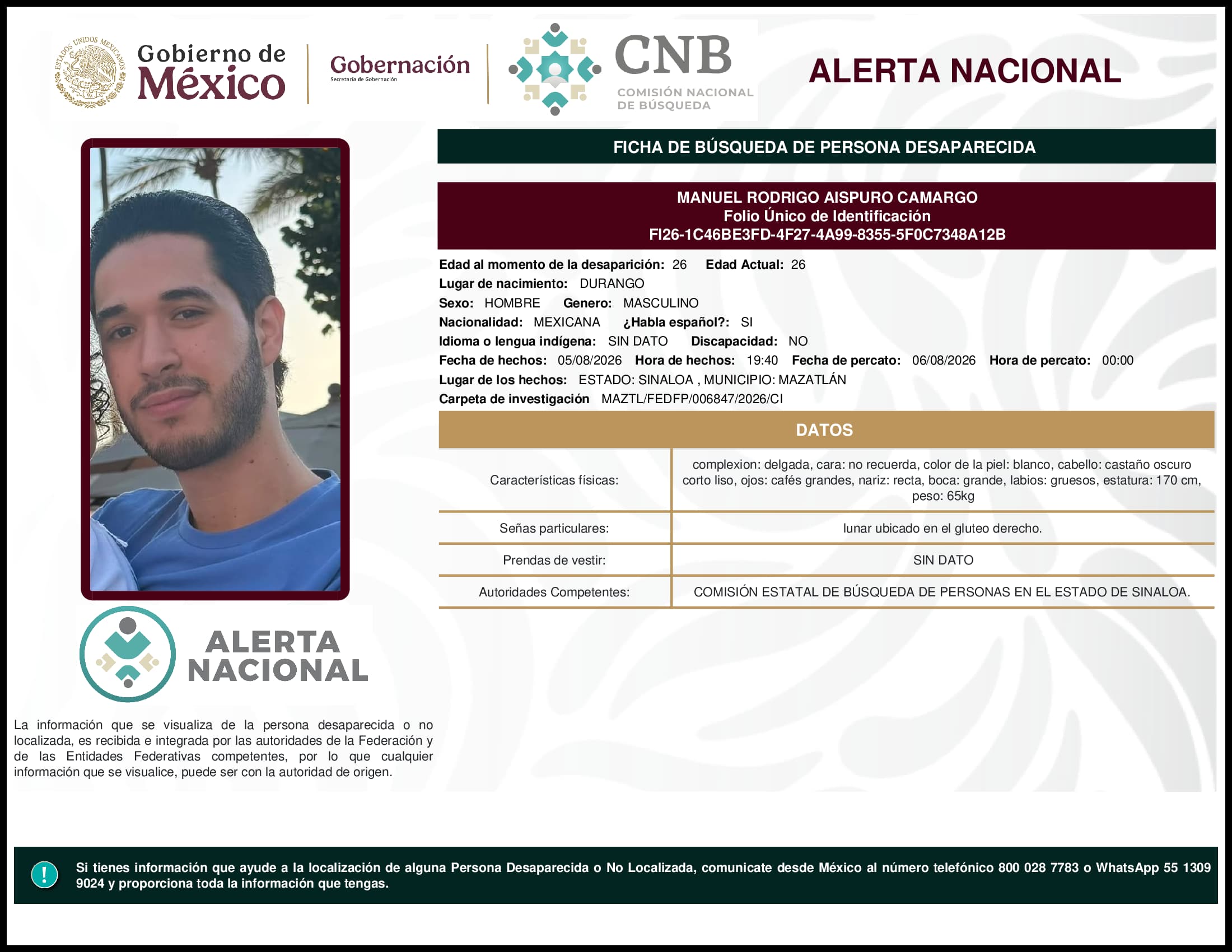 Persona desaparecida Manuel Rodrigo Aispuro Camargo