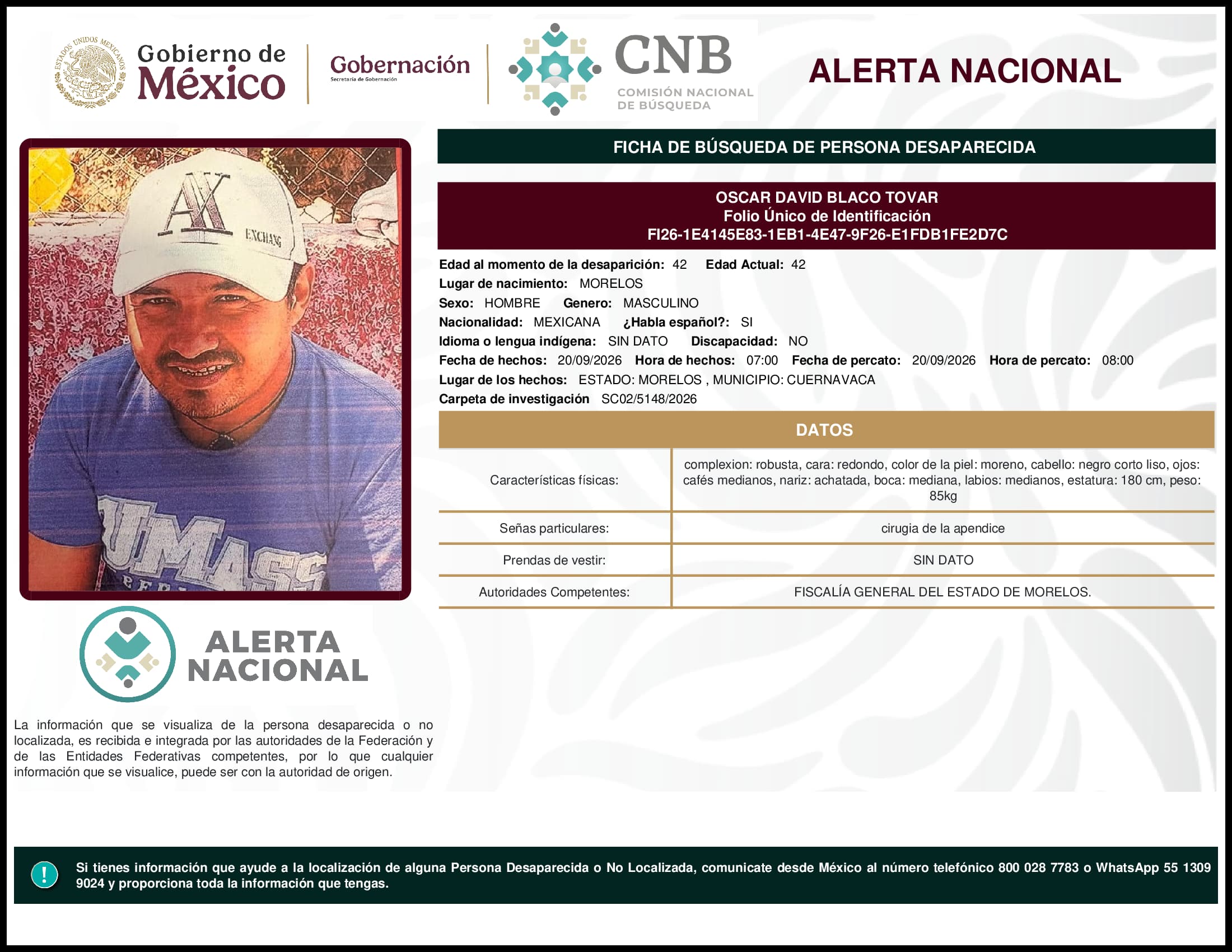Persona desaparecida Oscar David Blaco Tovar
