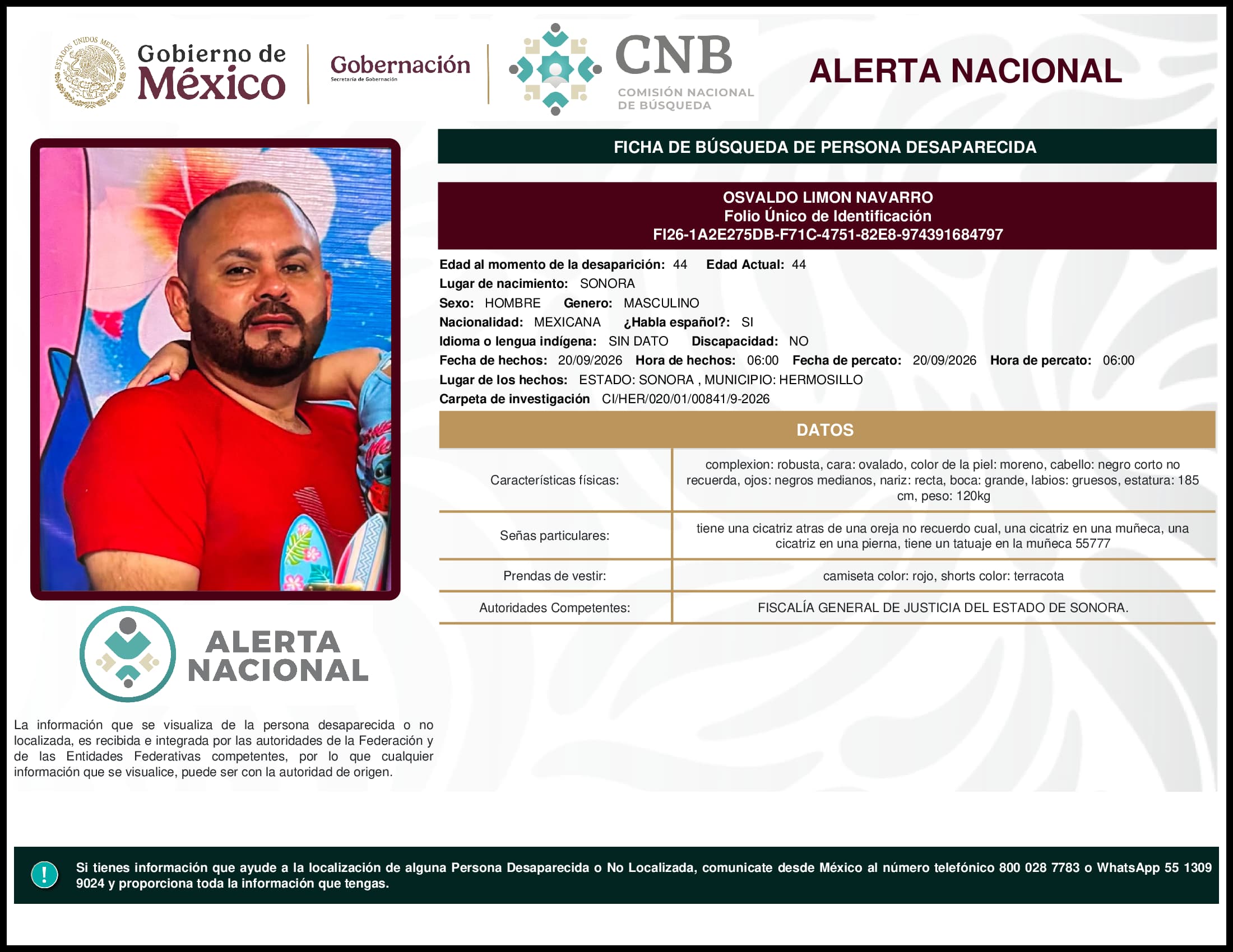 Persona desaparecida Osvaldo Limon Navarro