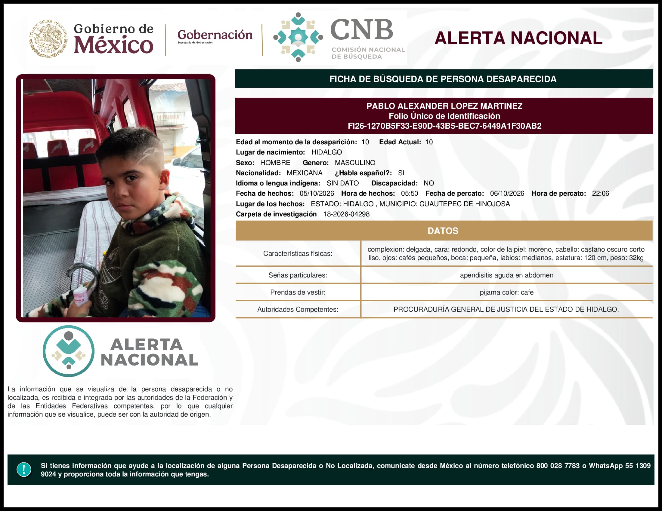 Persona desaparecida Pablo Alexander Lopez Martinez