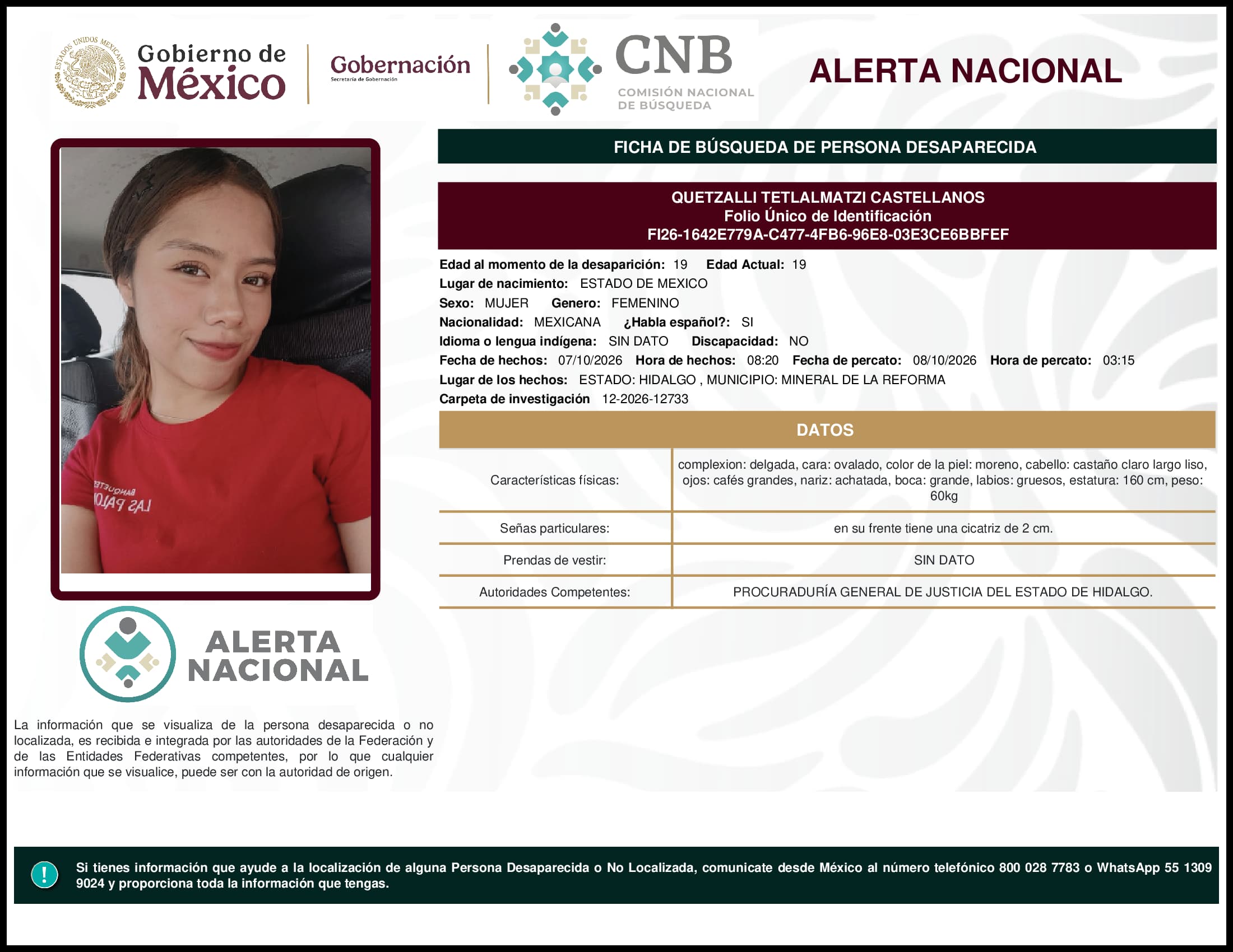 Persona desaparecida Quetzalli Tetlalmatzi Castellanos