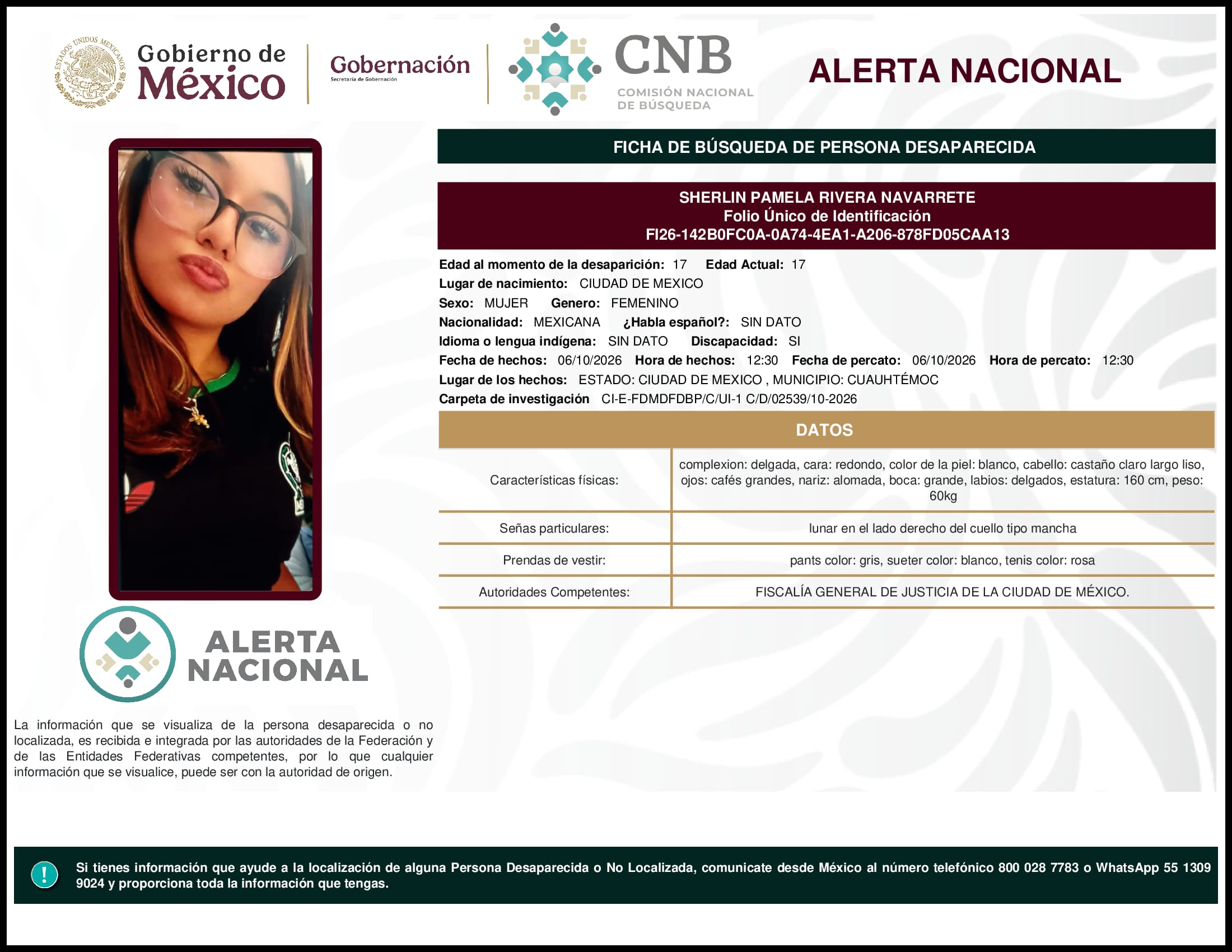 Persona desaparecida Sherlin Pamela Rivera Navarrete