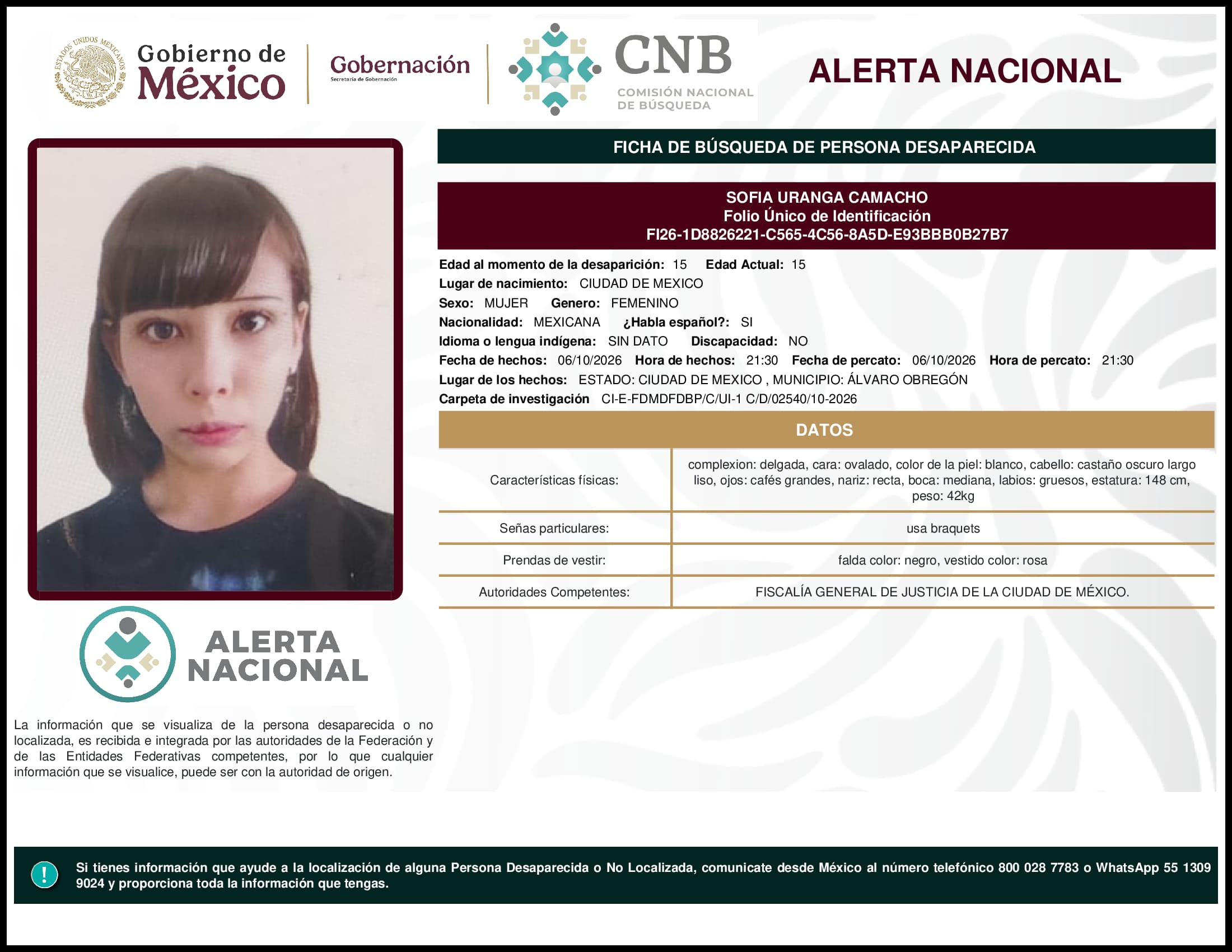 Persona desaparecida Sofia Uranga Camacho