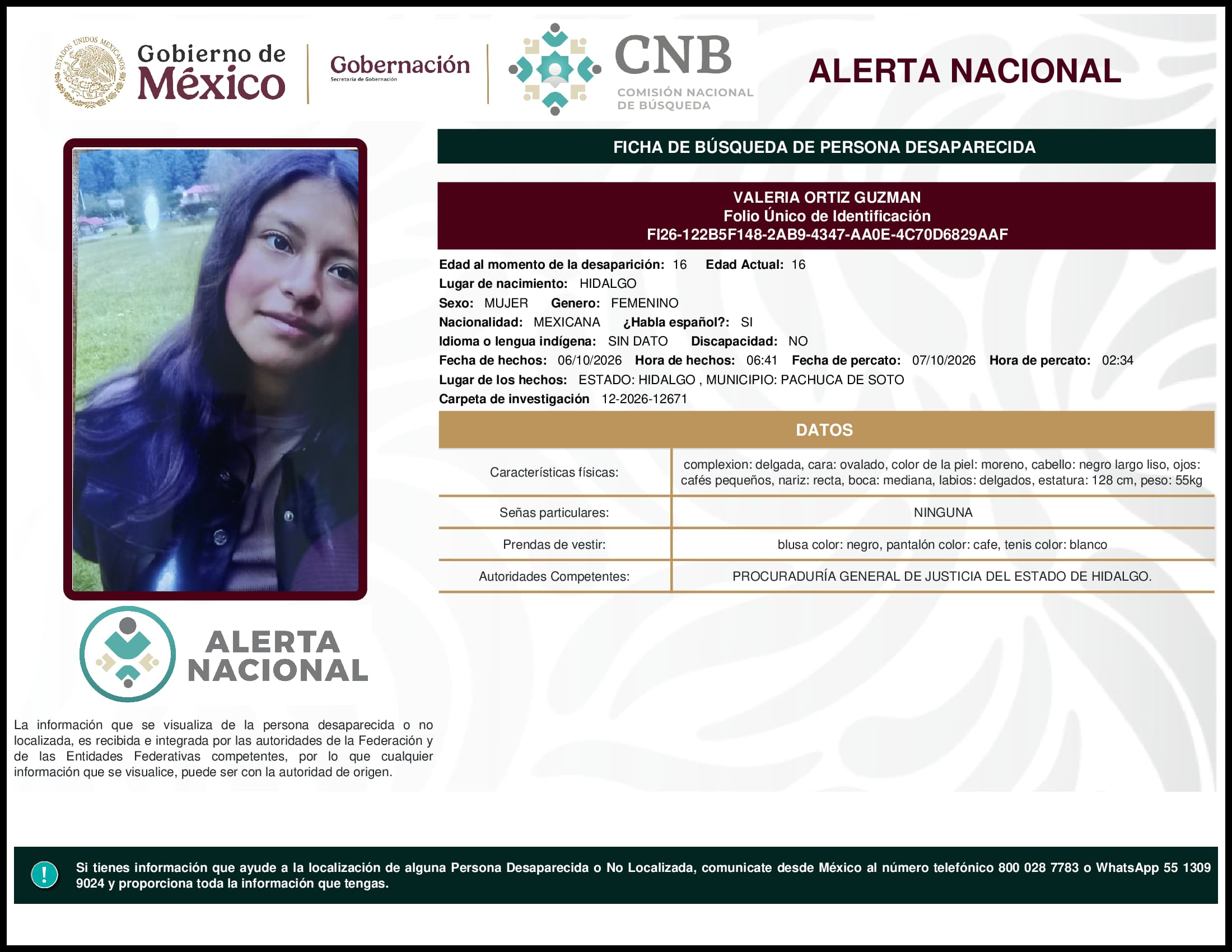 Persona desaparecida Valeria Ortiz Guzman