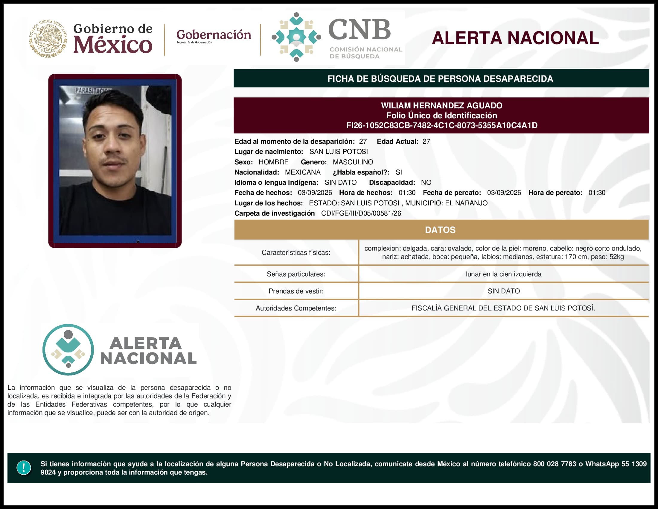 Persona desaparecida Wiliam Hernandez Aguado