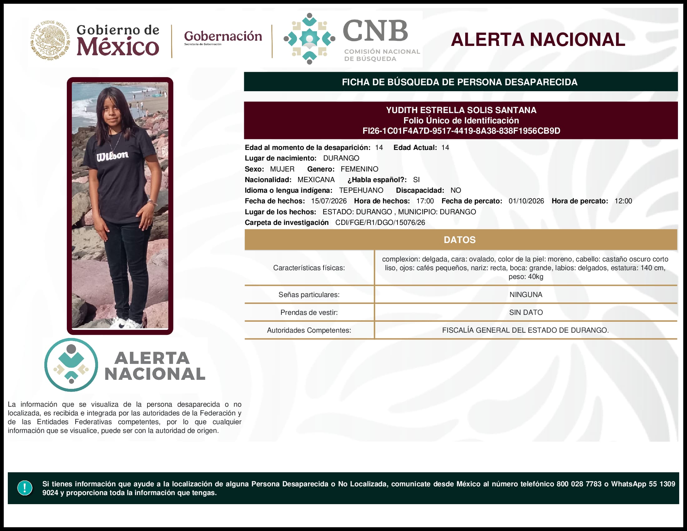 Persona desaparecida Yudith Estrella Solis Santana