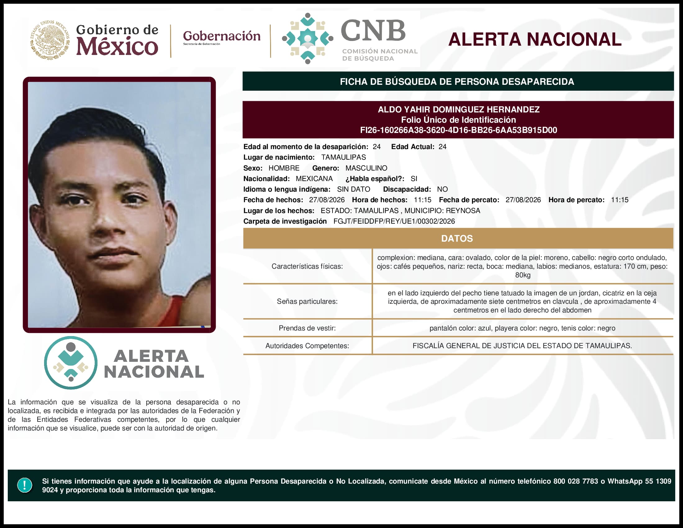 Persona desaparecida Aldo Yahir Dominguez Hernandez