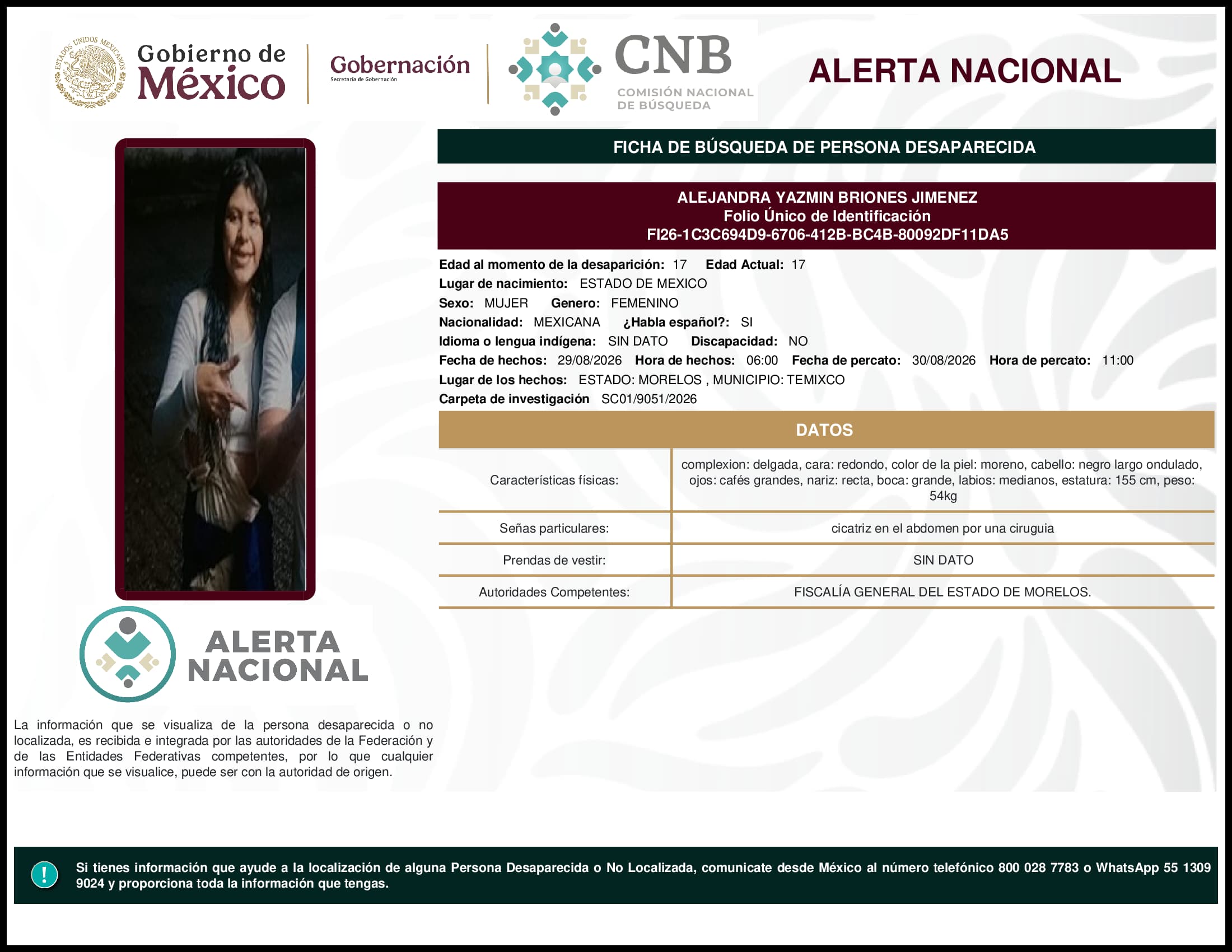 Persona desaparecida Alejandra Yazmin Briones Jimenez