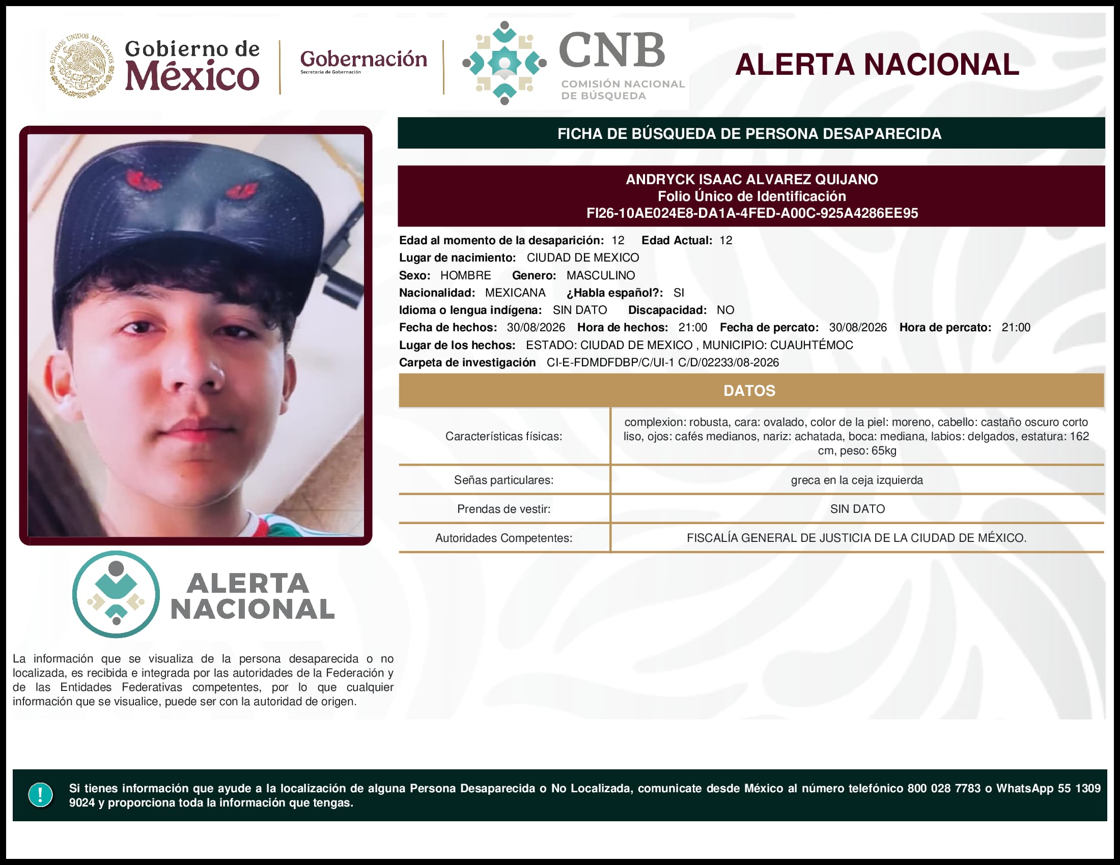 Persona desaparecida Andryck Isaac Alvarez Quijano