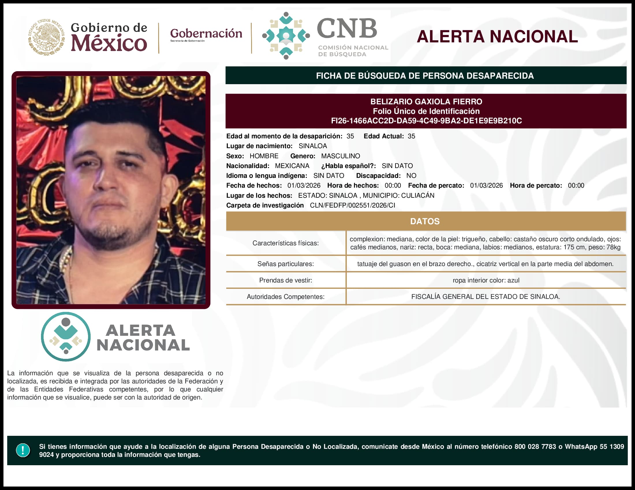 Persona desaparecida Belizario Gaxiola Fierro