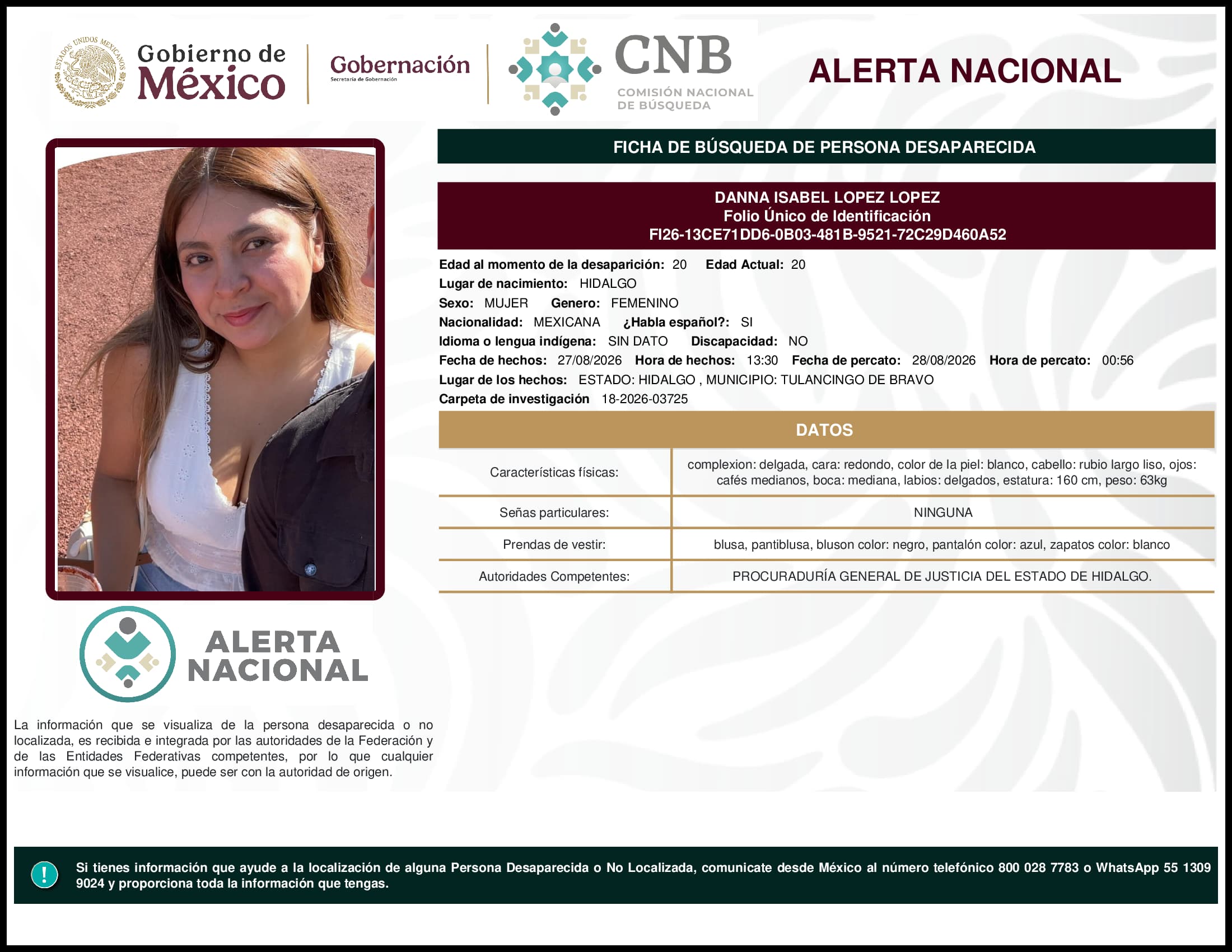 Persona desaparecida Danna Isabel Lopez Lopez