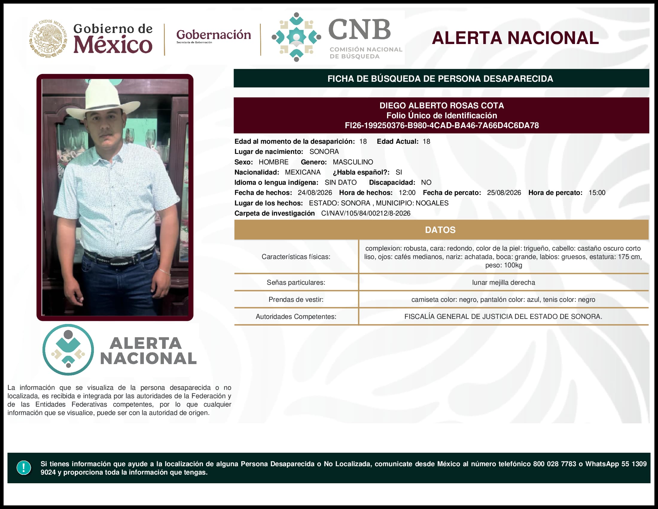 Persona desaparecida Diego Alberto Rosas Cota