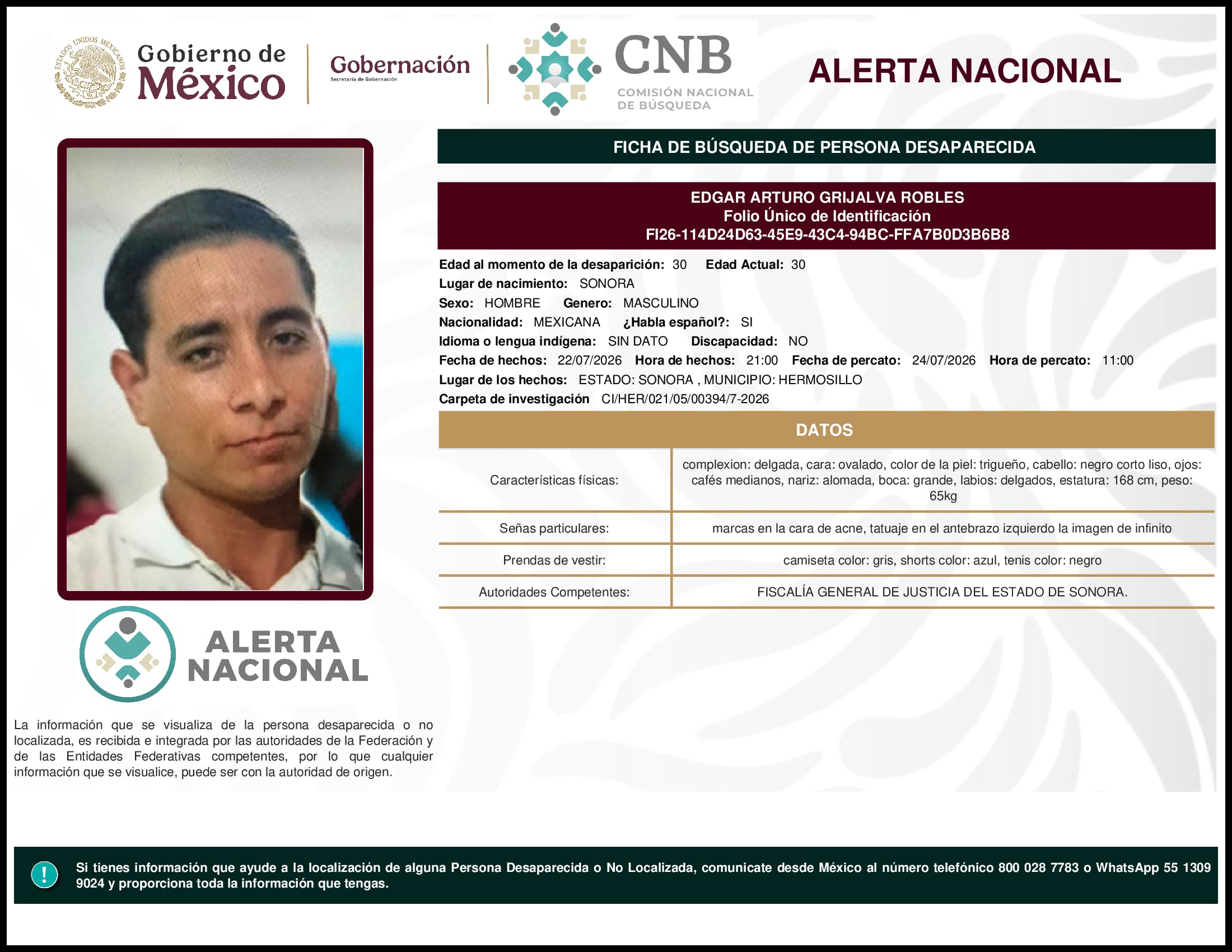 Persona desaparecida Edgar Arturo Grijalva Robles