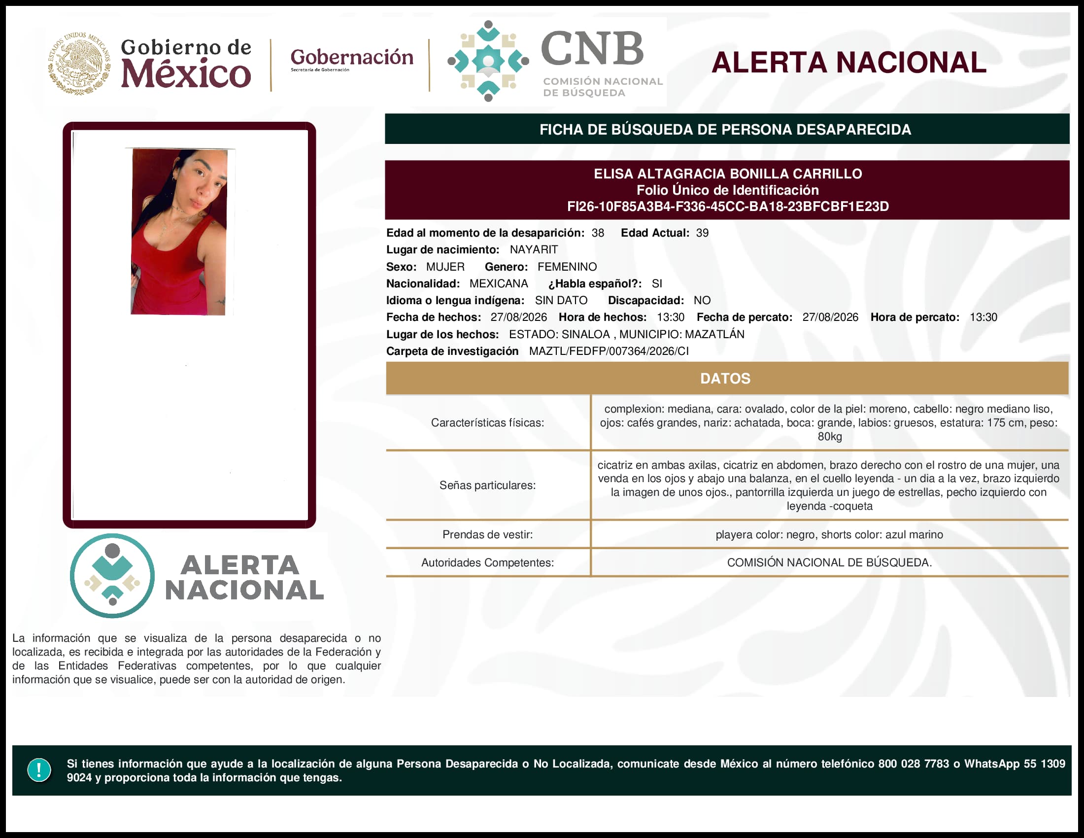 Persona desaparecida Elisa Altagracia Bonilla Carrillo