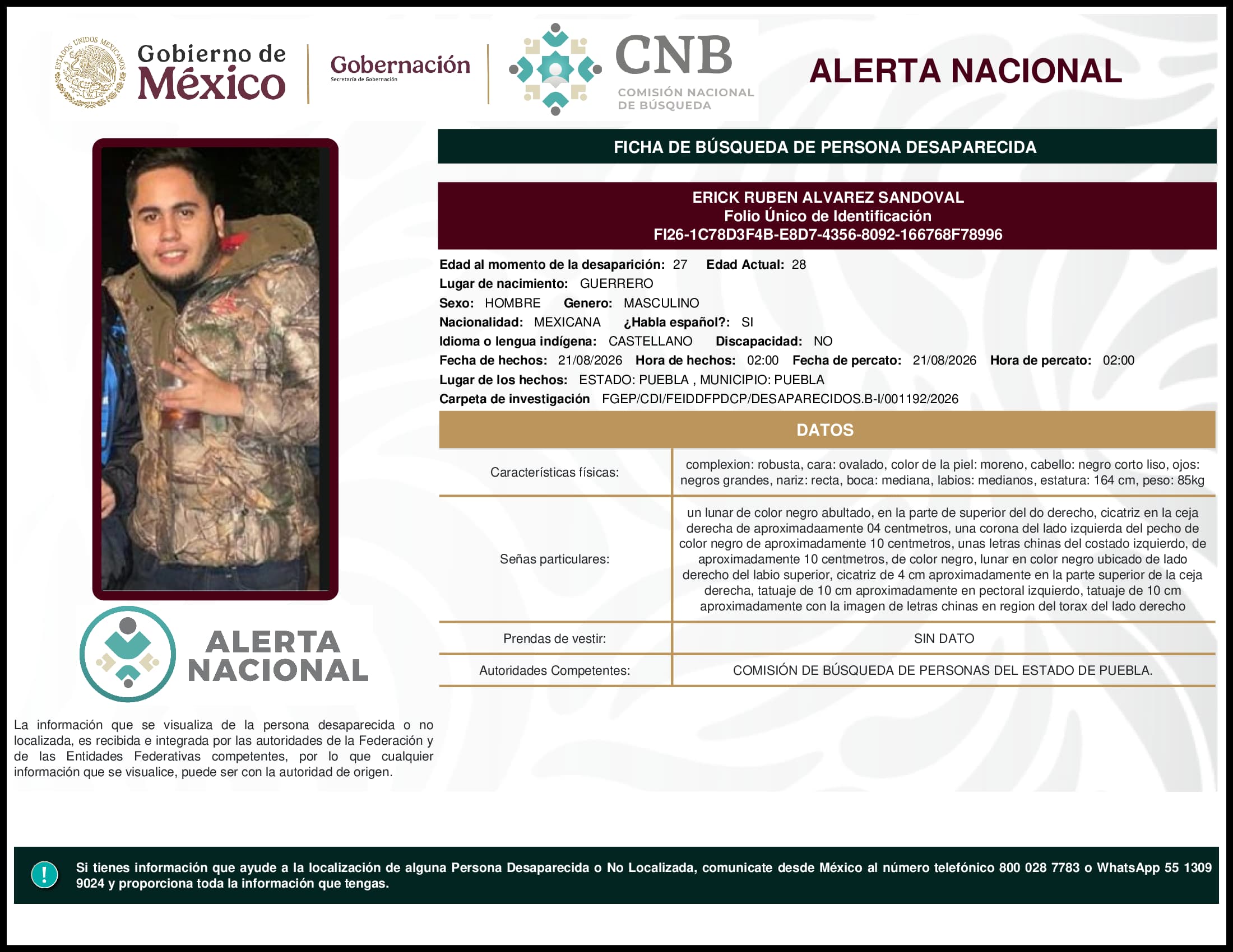 Persona desaparecida Erick Ruben Alvarez Sandoval