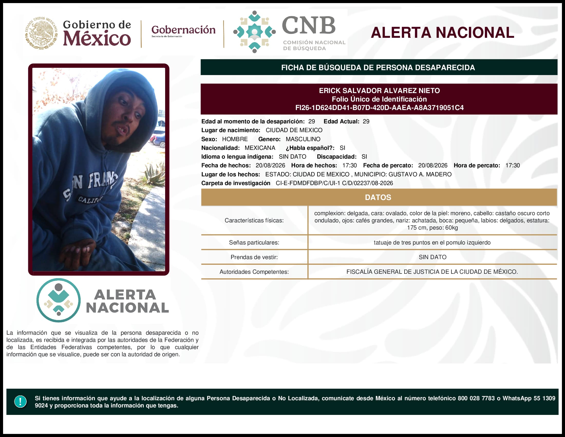 Persona desaparecida Erick Salvador Alvarez Nieto