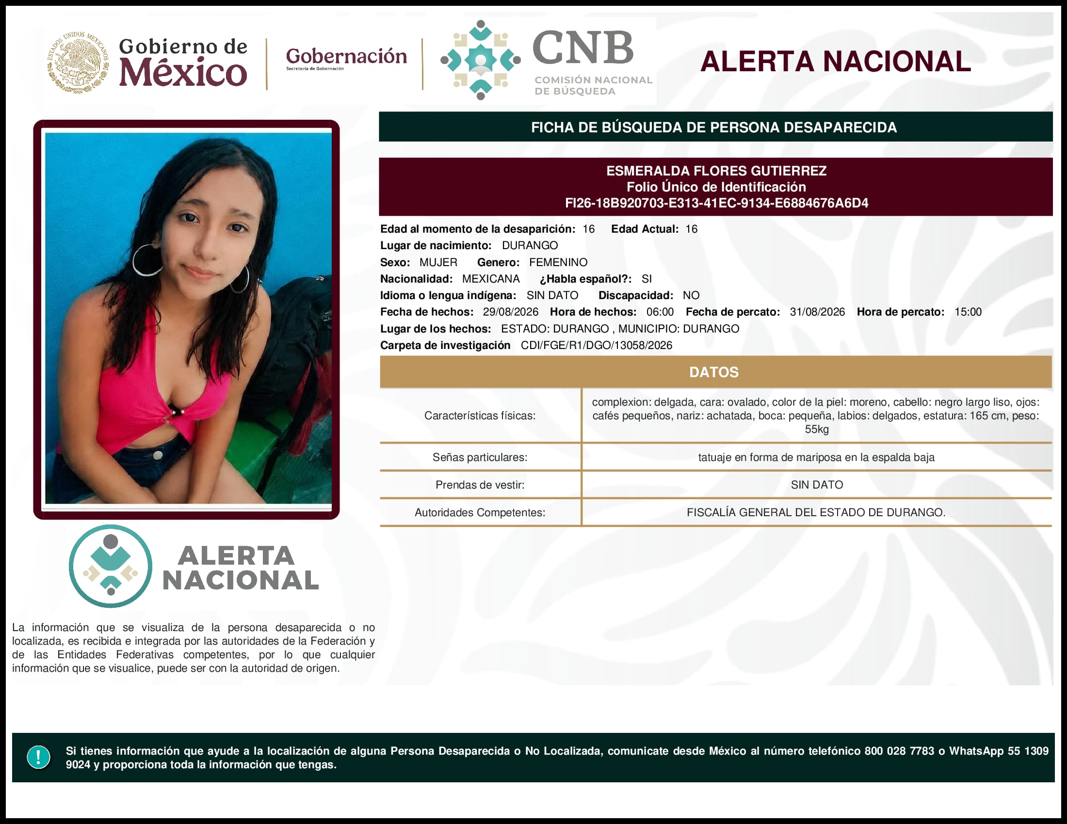 Persona desaparecida Esmeralda Flores Gutierrez