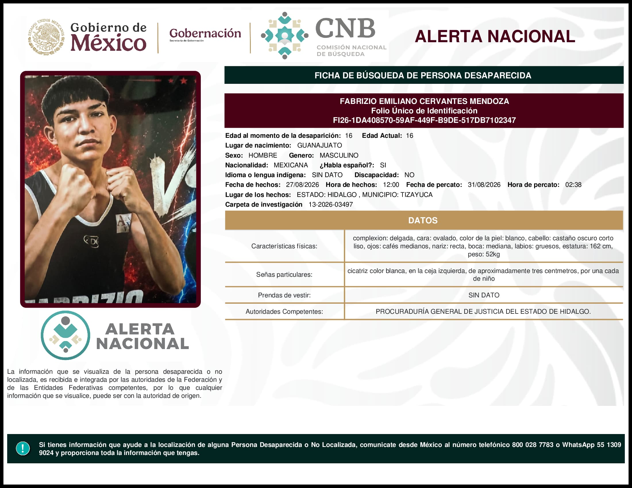 Persona desaparecida Fabrizio Emiliano Cervantes Mendoza