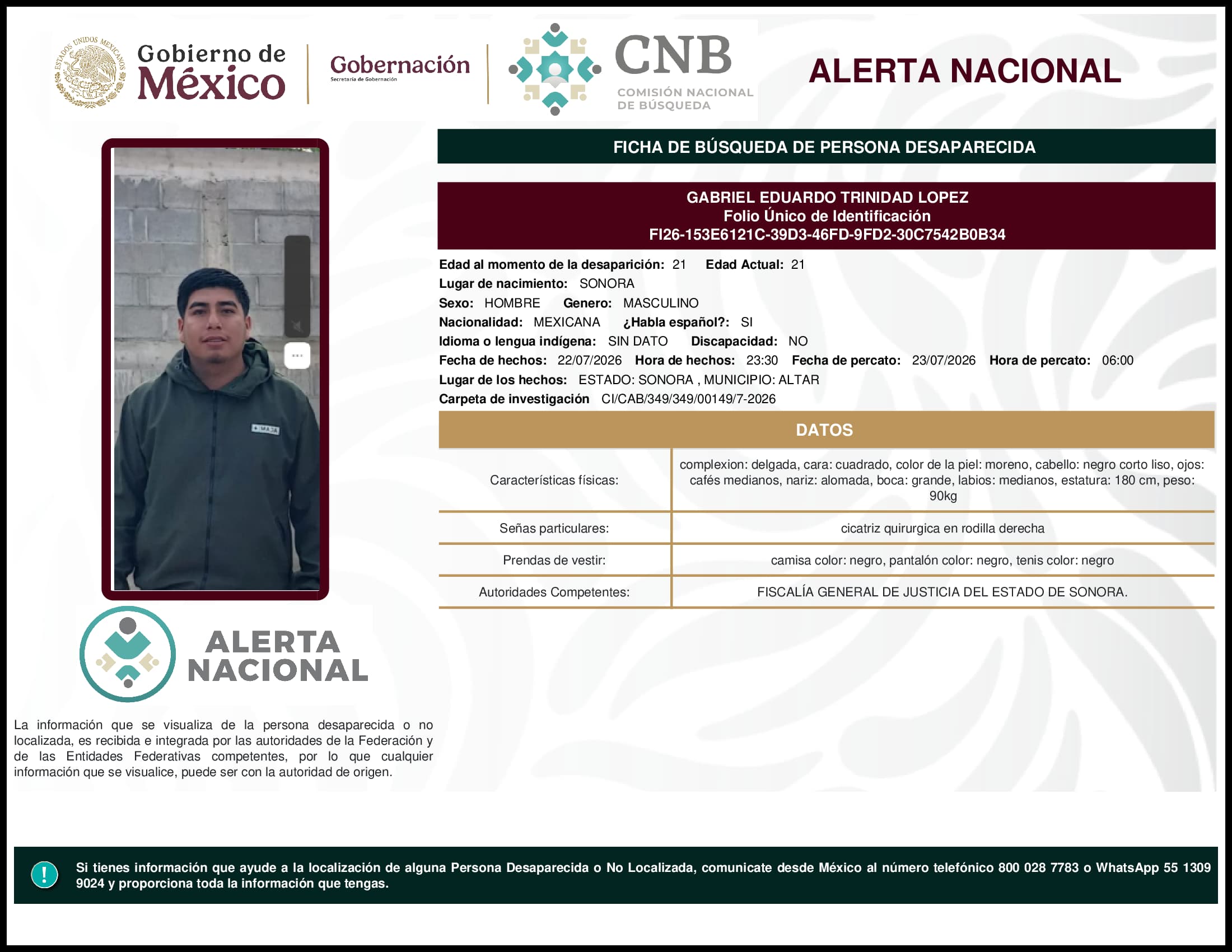Persona desaparecida Gabriel Eduardo Trinidad Lopez
