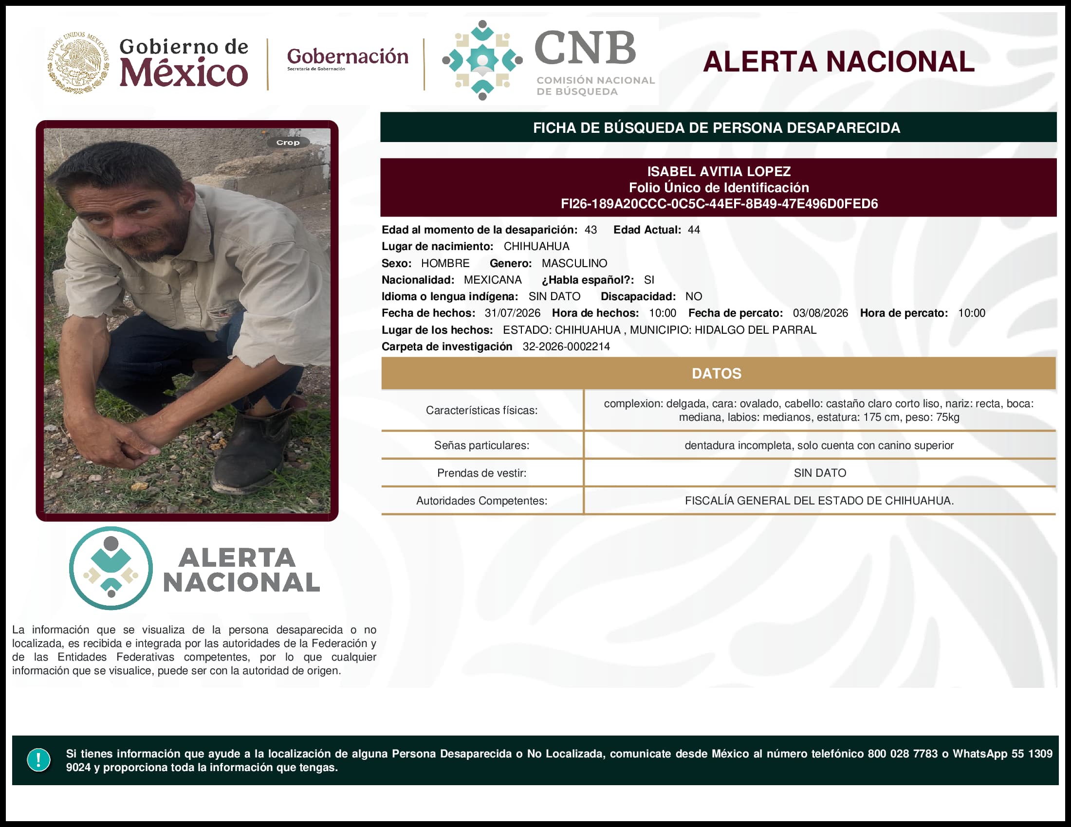 Persona desaparecida Isabel Avitia Lopez