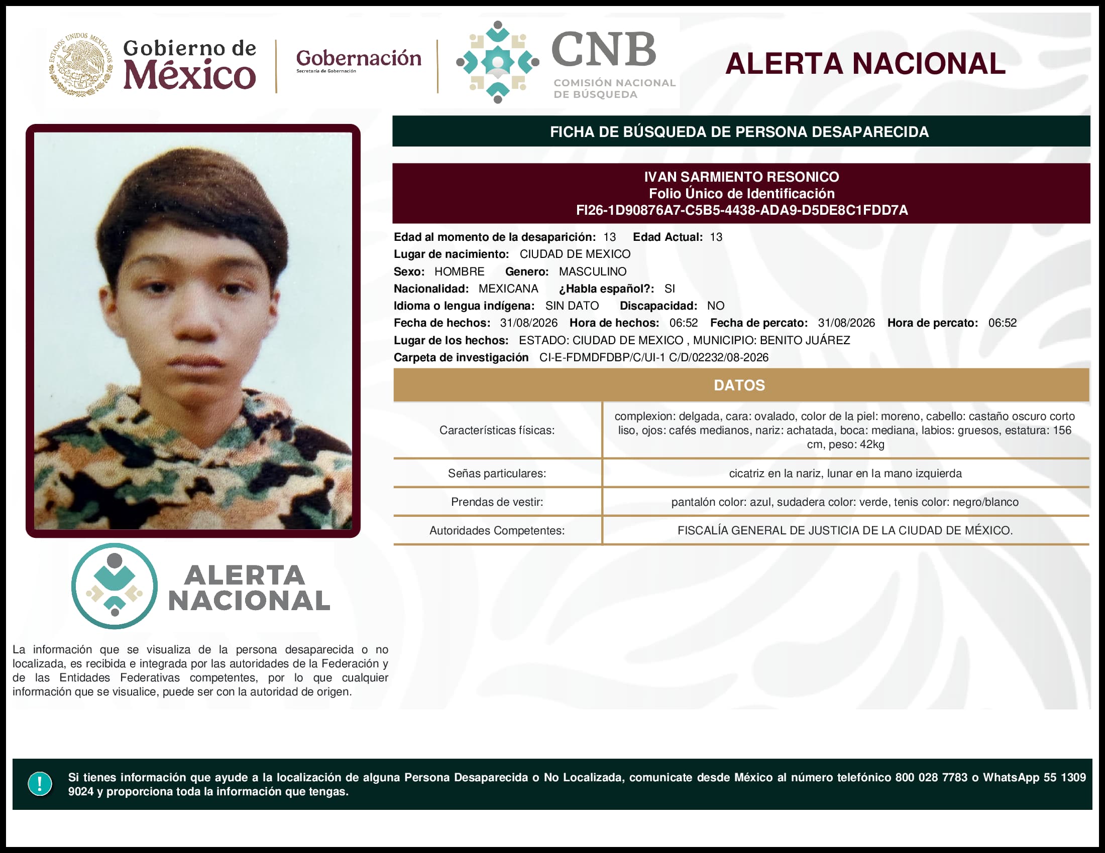 Persona desaparecida Ivan Sarmiento Resonico