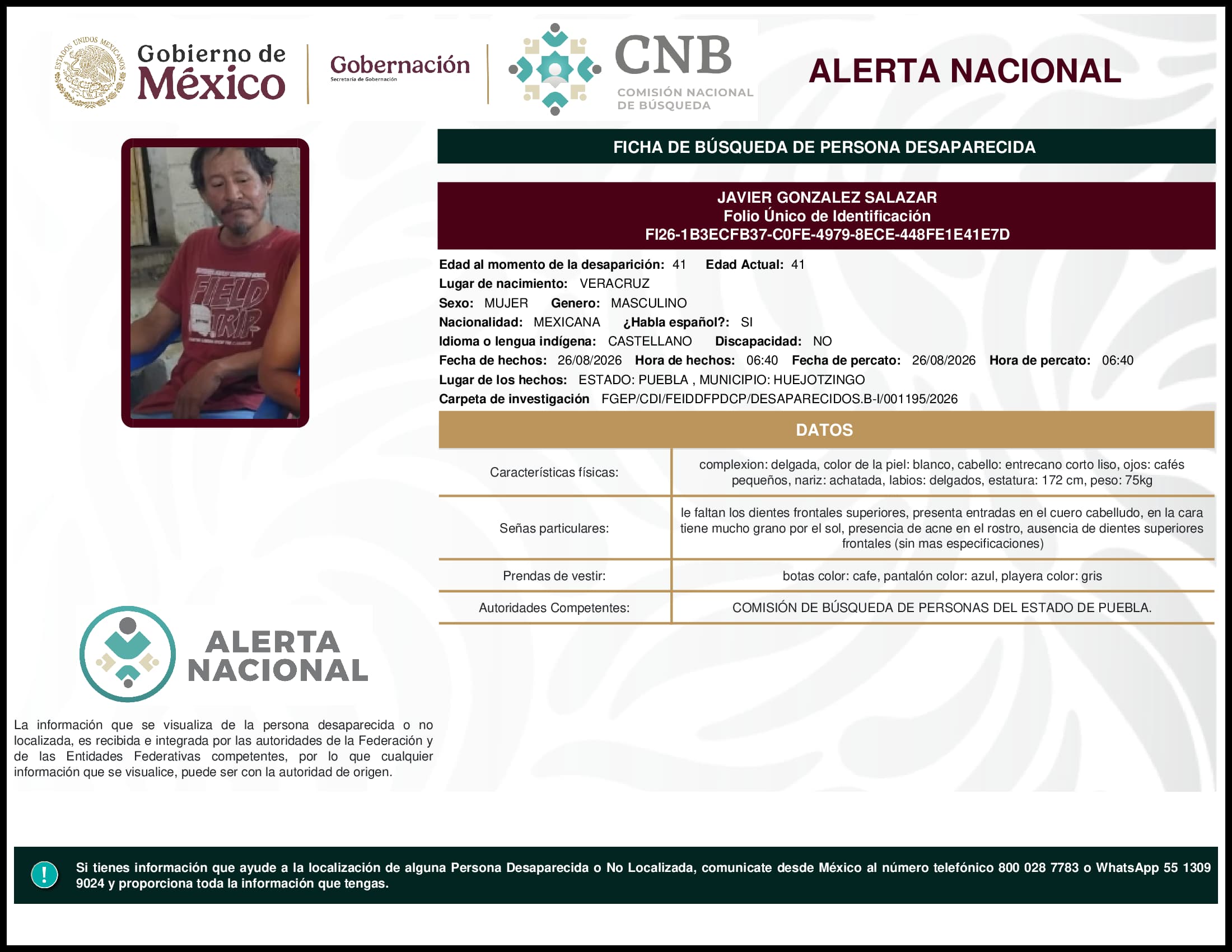 Persona desaparecida Javier Gonzalez Salazar