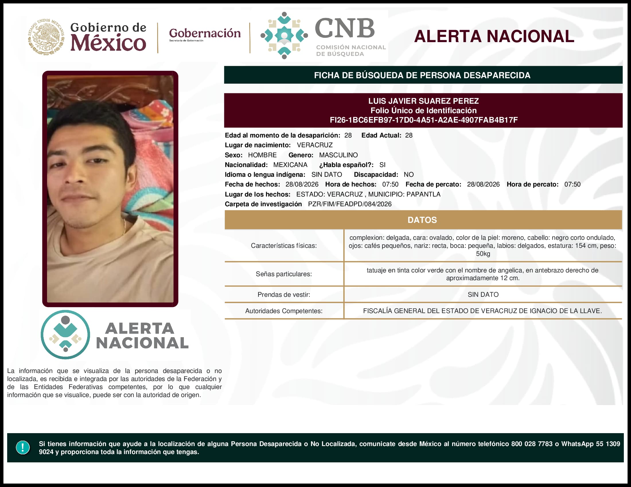 Persona desaparecida Luis Javier Suarez Perez