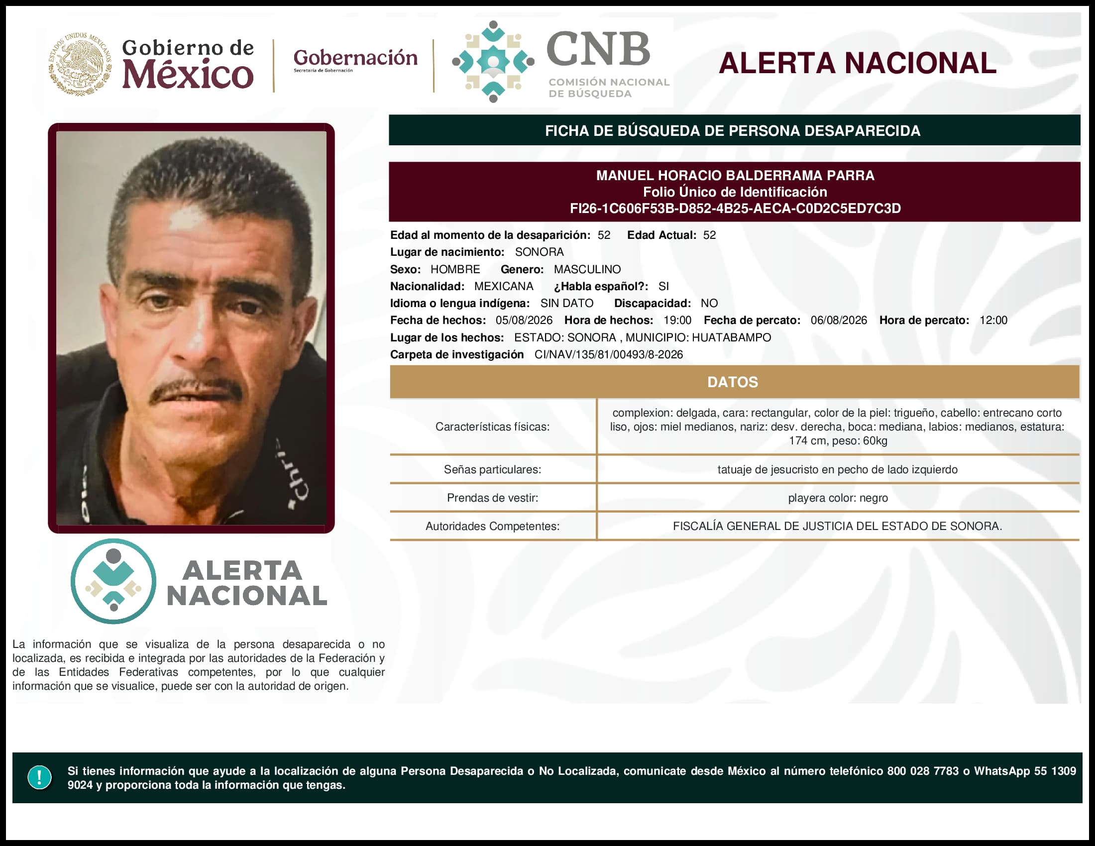 Persona desaparecida Manuel Horacio Balderrama Parra