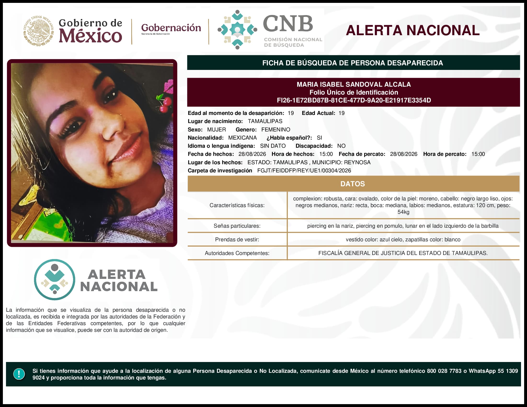 Persona desaparecida Maria Isabel Sandoval Alcala