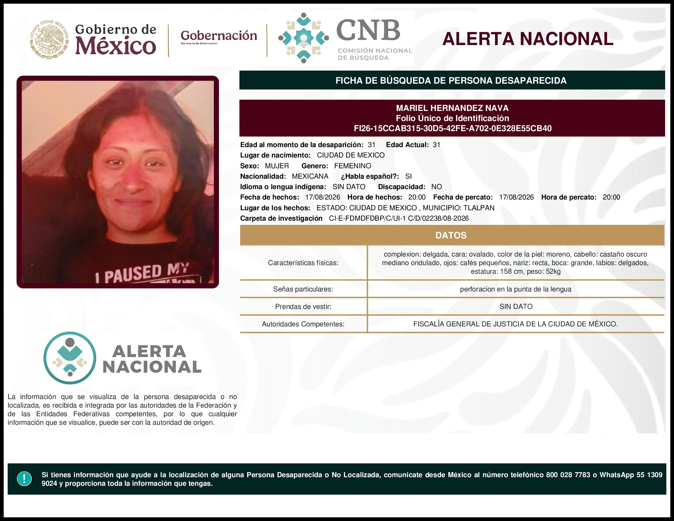 Persona desaparecida Mariel Hernandez Nava