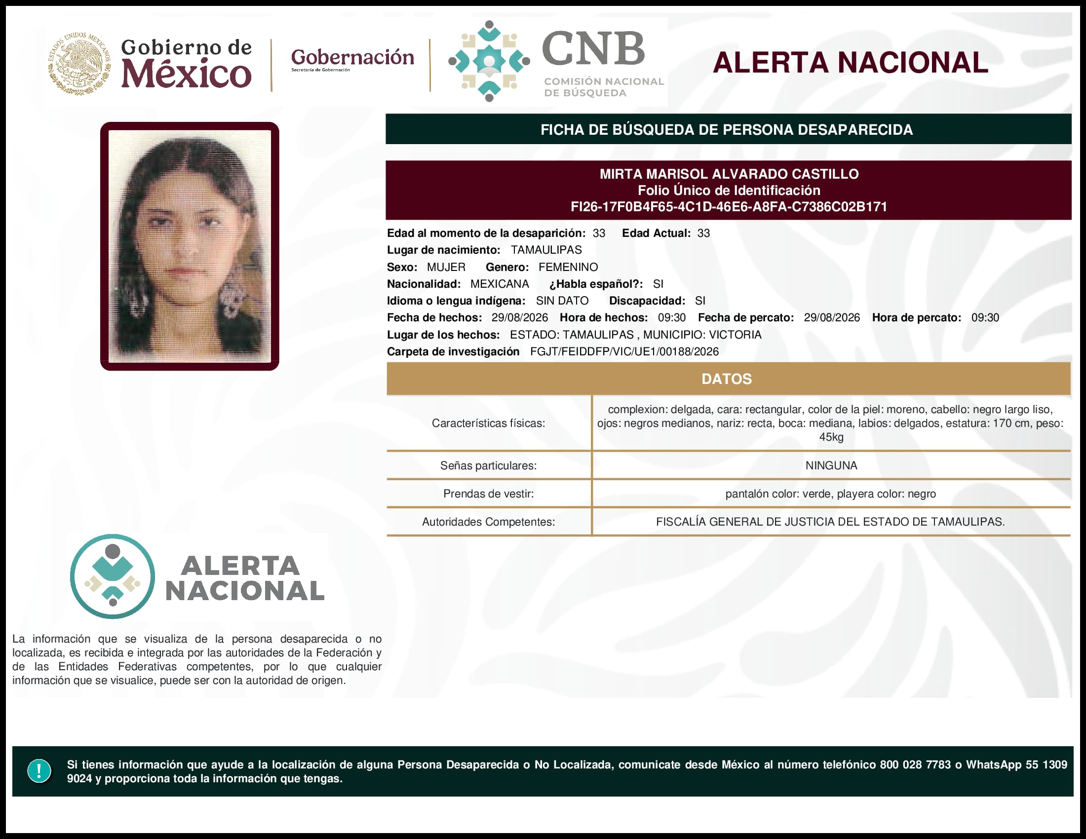 Persona desaparecida Mirta Marisol Alvarado Castillo